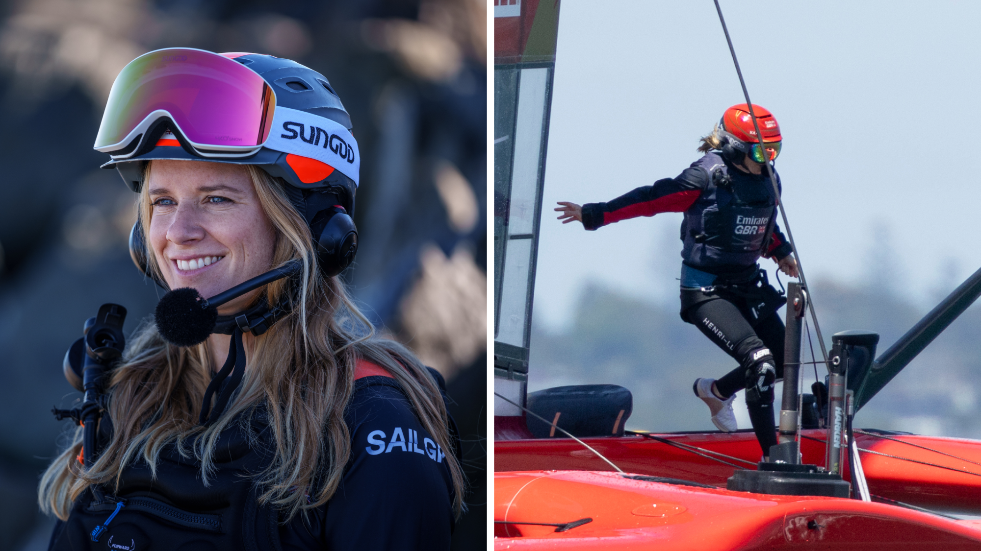 Geteiltes Bild: Die linke Seite zeigt eine lächelnde Frau, die einen Helm, ein Visier und ein Headset trägt; die rechte Seite zeigt sie in Aktion auf einem roten Segelboot, wobei sie eine ähnliche Ausrüstung trägt und sich am Mast des Bootes festhält.