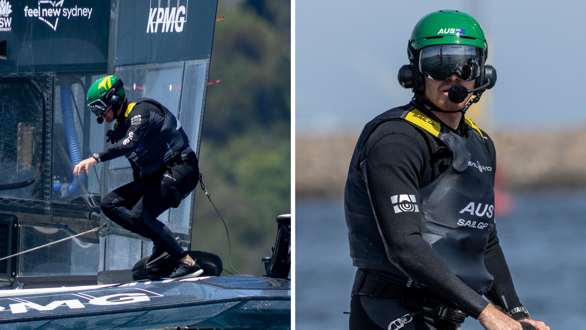 Geteiltes Bild: Links steigt ein Segler in schwarzer Kleidung und grünem Helm auf ein Rennsegelboot; rechts steht derselbe Segler aufrecht auf dem Boot, mit Sonnenbrille und Helm, mit Wasser und unscharfer Uferlinie im Hintergrund.
