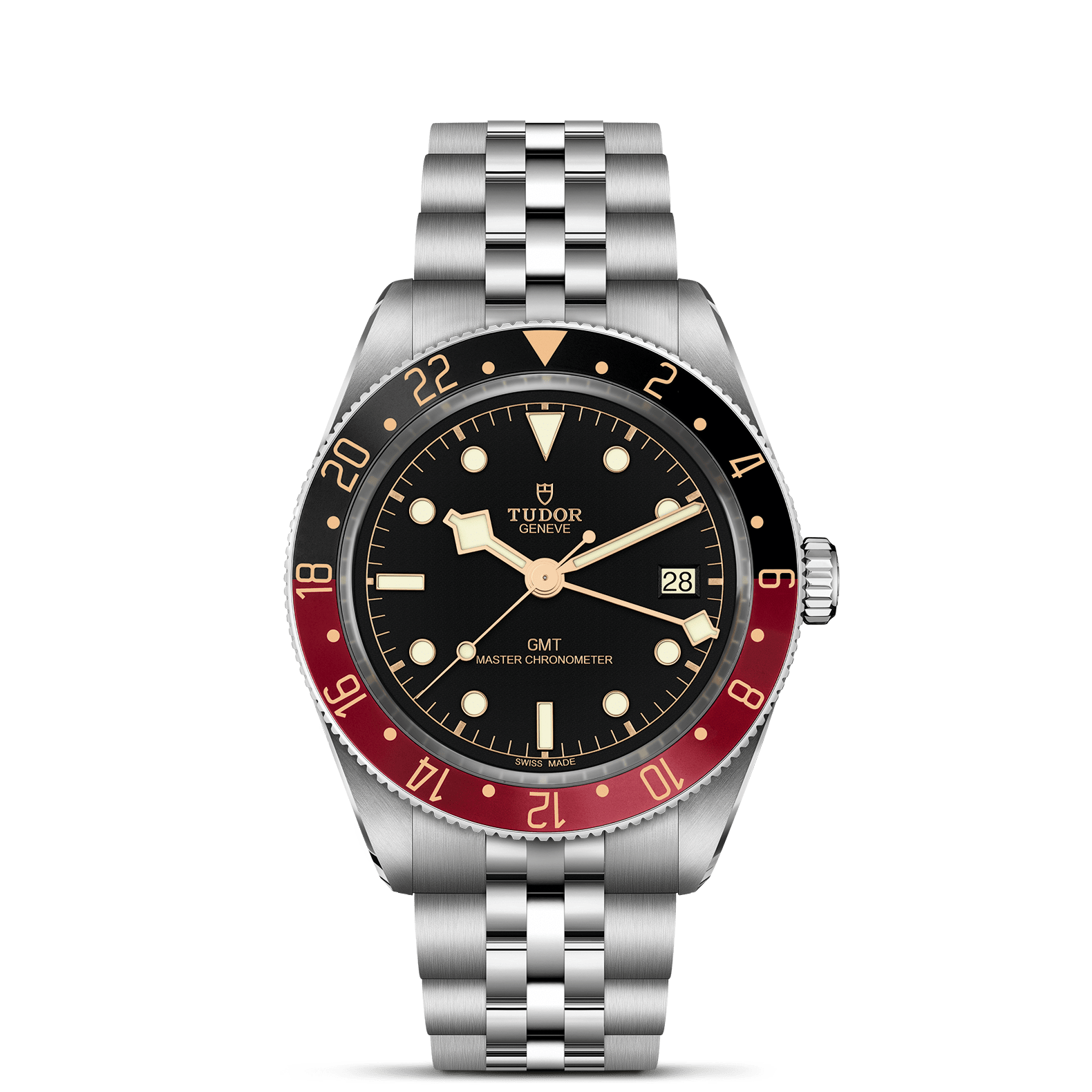 Die Schullin TUDOR BLACK BAY 58 GMT verfügt über ein Edelstahlarmband, ein schwarzes Zifferblatt, goldene Indexe, das Datum bei 3 Uhr und eine zweifarbige rot-schwarze Drehlünette. Sie ist als GMT Master Chronometer gekennzeichnet.