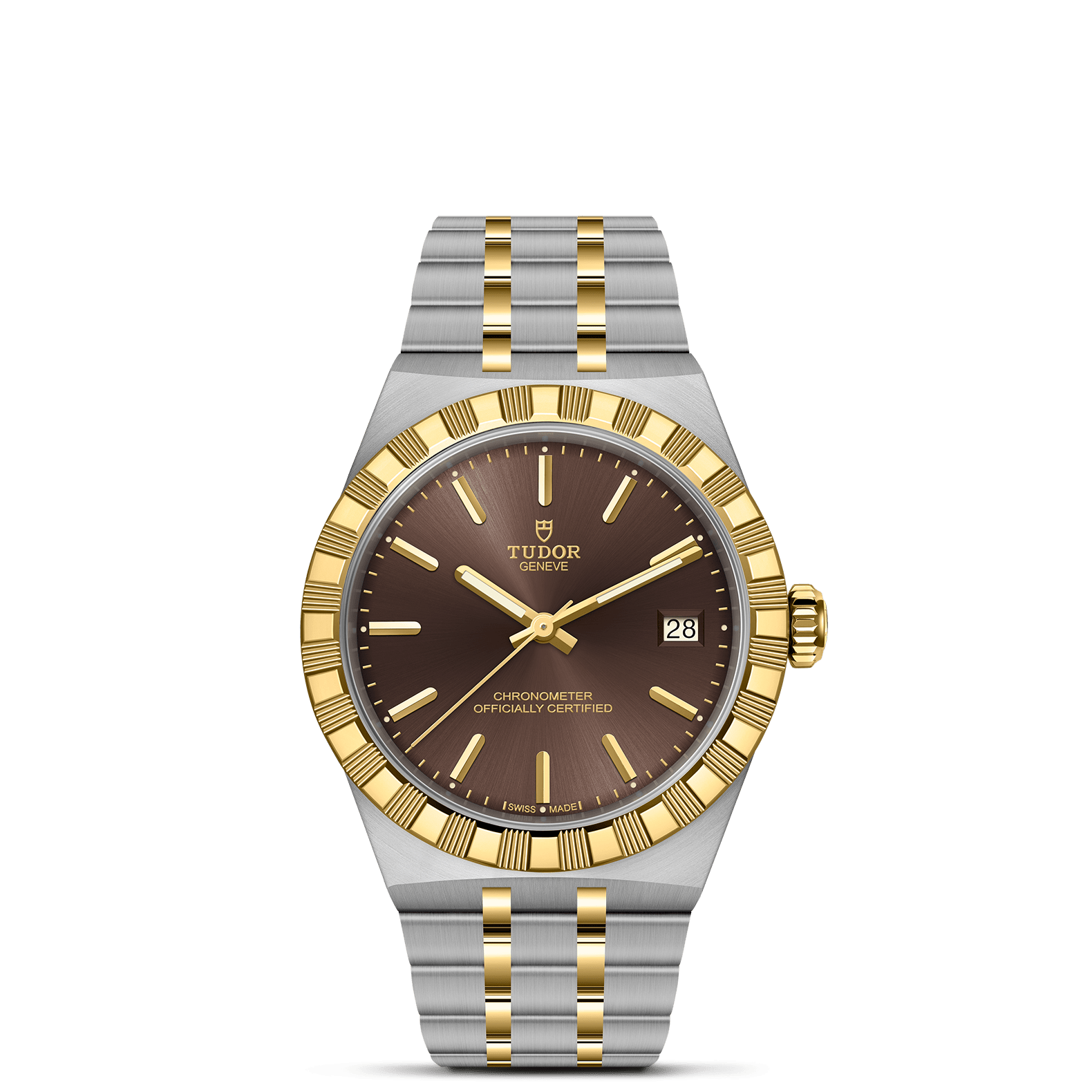 Die Schullin TUDOR ROYAL ist eine luxuriöse Armbanduhr mit einem goldenen und silbernen Metallband, einem braunen Zifferblatt, goldenen Indexen und Zeigern, einer goldenen Lünette und einer Datumsanzeige bei 3 Uhr auf einem schlichten weißen Hintergrund.