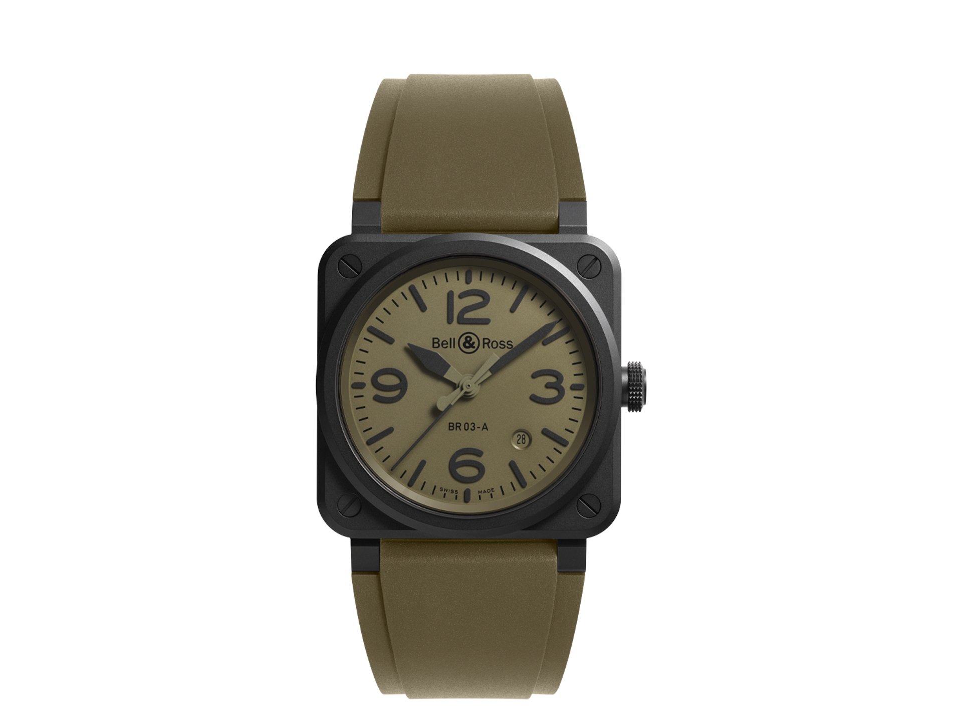 Die Schullin BELL & ROSS BR-03 MILITARY CERAMIC hat ein quadratisches schwarzes Gehäuse, ein beiges Zifferblatt mit schwarzen Ziffern und ein olivgrünes Kautschukarmband, das auf der Vorderseite vor einem schlichten weißen Hintergrund abgebildet ist.