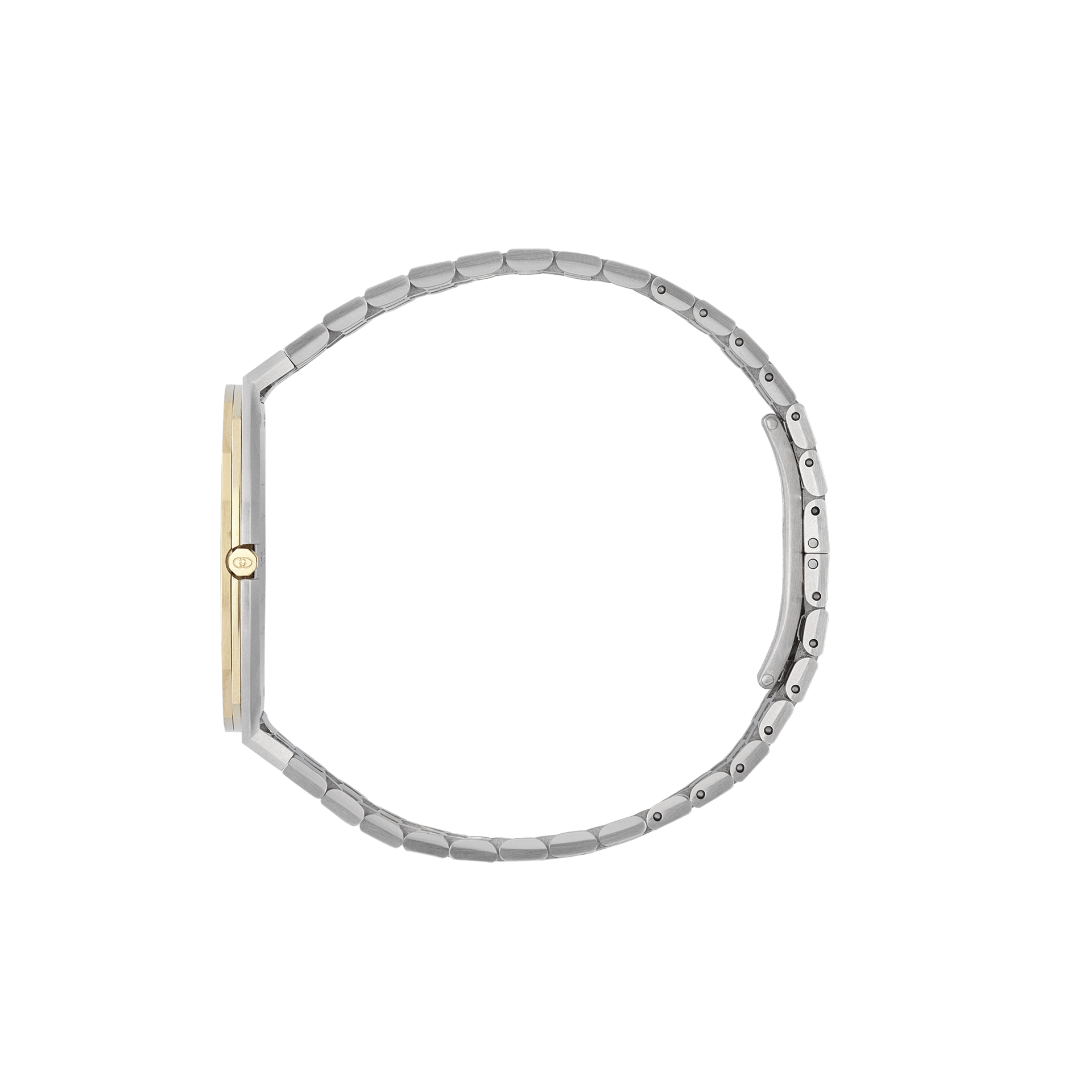 Seitenansicht einer Schullin GUCCI 25H-Armbanduhr mit dünnem Gliederarmband, die ihr schlankes, minimalistisches Design vor einem schwarzen Hintergrund zur Schau stellt.