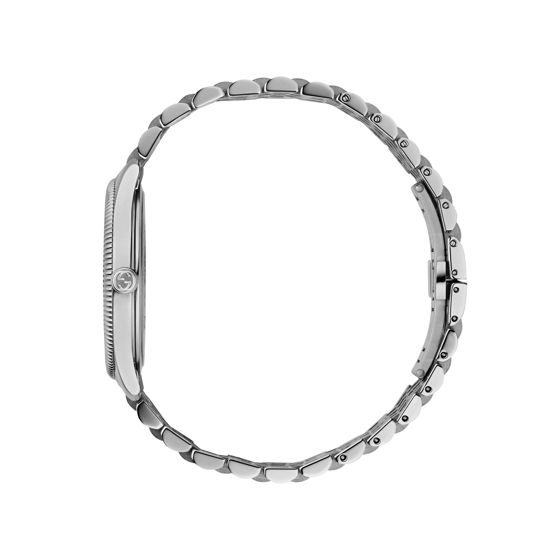 Seitenansicht einer GUCCI G-TIMELESS-Armbanduhr in Silber mit glattem, rundem Zifferblatt und Metallgliederband aus Schullins Kollektion. Die Krone ist sichtbar und der Verschluss ist sicher geschlossen. Vor einem schlichten schwarzen Hintergrund wird der Sekundenzeiger mit Bienenmotiv dezent hervorgehoben.