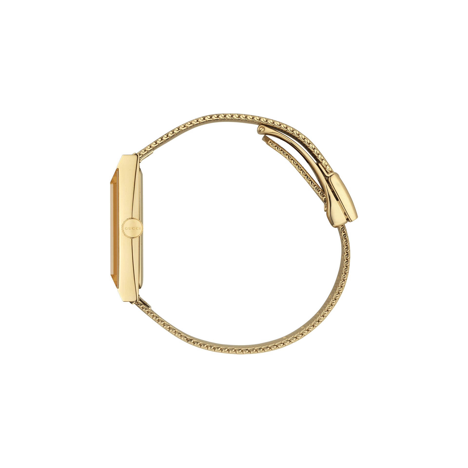 Eine Seitenansicht zeigt die GUCCI NEW G-FRAME von Schullin, eine goldene Luxusarmbanduhr mit minimalistischem Design. Sie verfügt über ein schlankes rechteckiges Gehäuse und ein Milanaise-Armband, ergänzt durch ein Perlmuttzifferblatt, alles vor einem schwarzen Hintergrund.