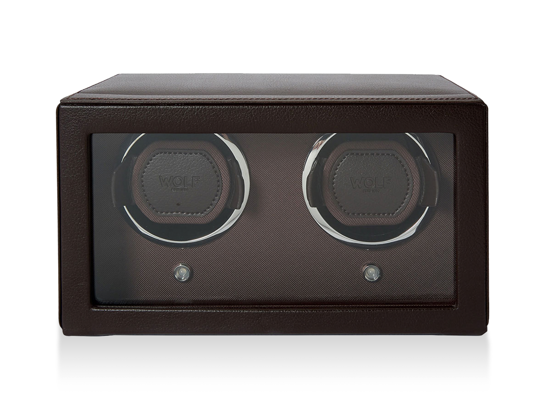 Der UHRENBEWEGER, ein rechteckiger Uhrenbeweger aus braunem Leder von Schullin, hat eine Glasfront mit zwei runden Uhrenfächern, metallischen Akzenten und Bedienknöpfen unter jedem Fach.