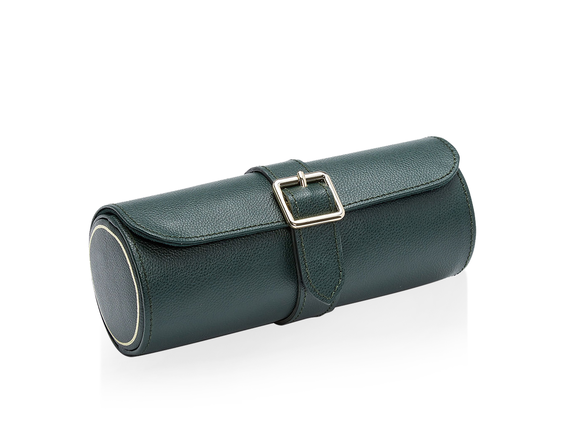 Die Schullin UHRENROLLE ist eine dunkelgrüne, zylindrische Ledertasche mit silbernem Schnallenband und Klappenverschluss auf weißem Hintergrund.