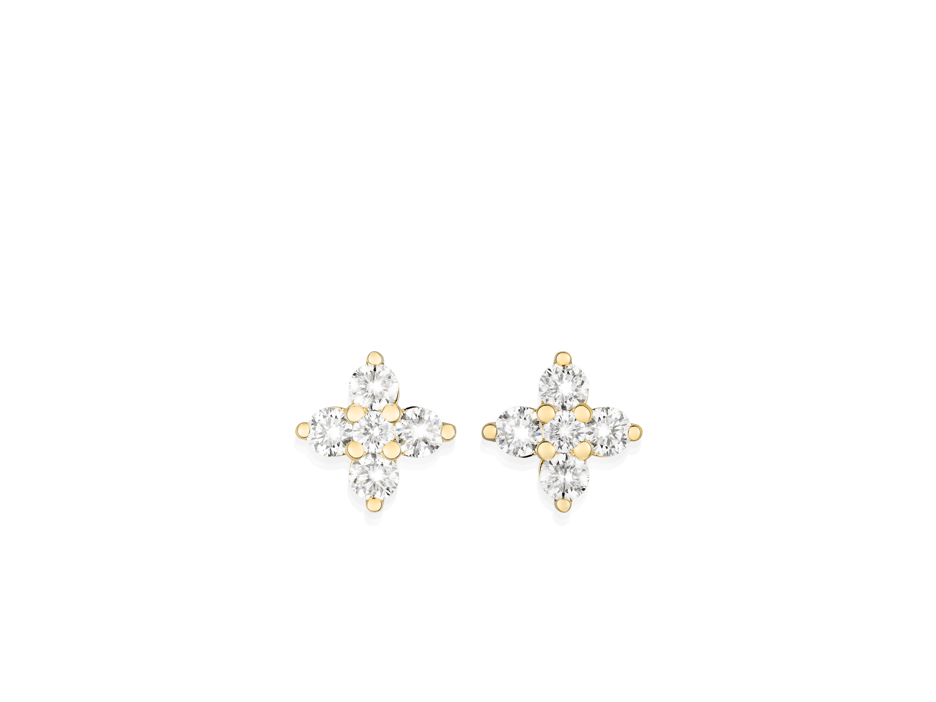 Die Schullin DIAMANT OHRSTECKER FLOWER Ohrringe zeigen ein florales Design mit sechs diamantenen Blütenblättern um eine goldene Mitte, die sich elegant auf einem schlichten weißen Hintergrund präsentiert.
