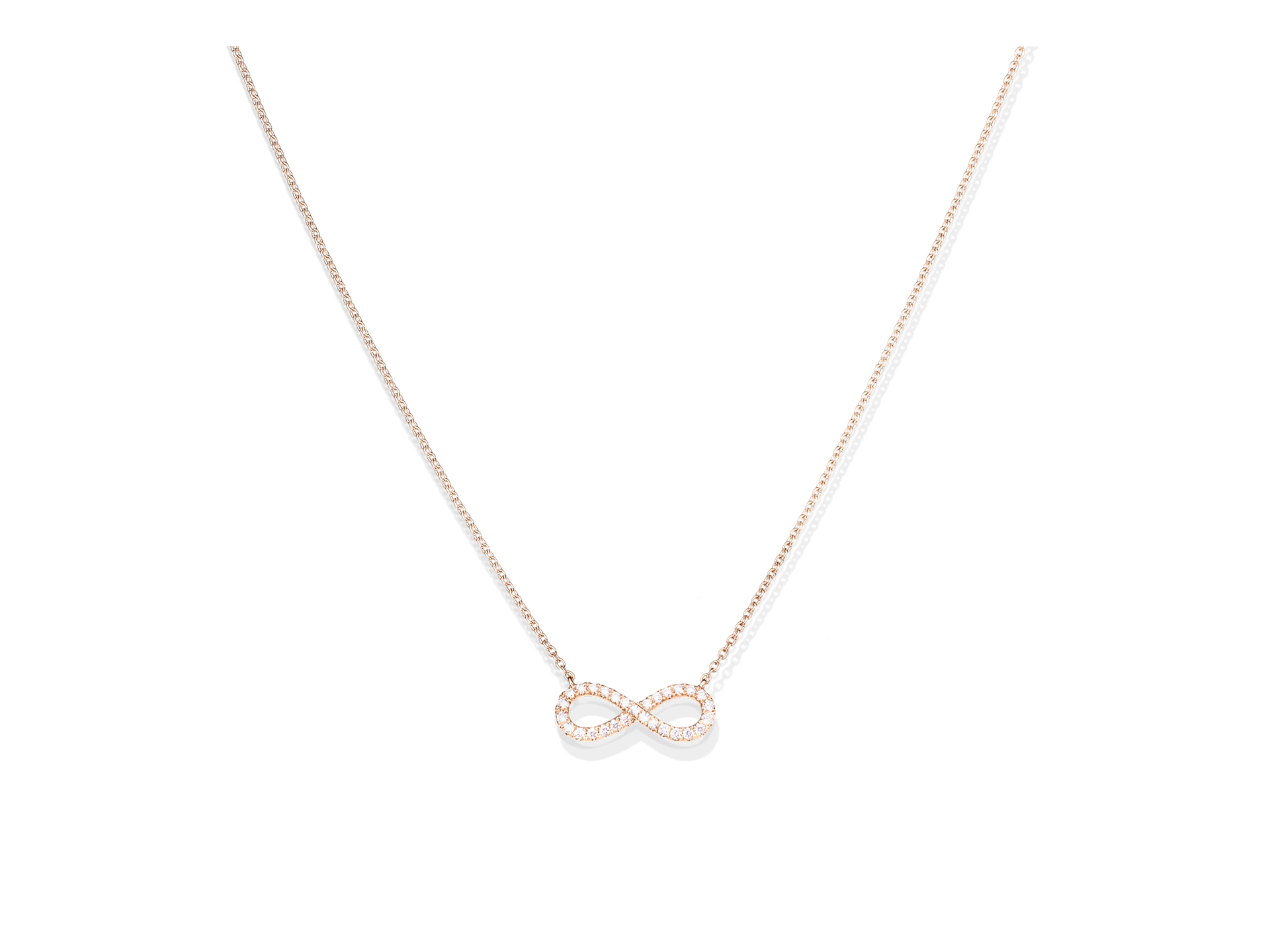 Die Schullin INFINITY HALSKETTE ist eine zarte Goldkette mit einem kleinen Anhänger mit Unendlichkeitssymbol, der mit winzigen klaren Steinen verziert ist und auf einem schlichten weißen Hintergrund steht.