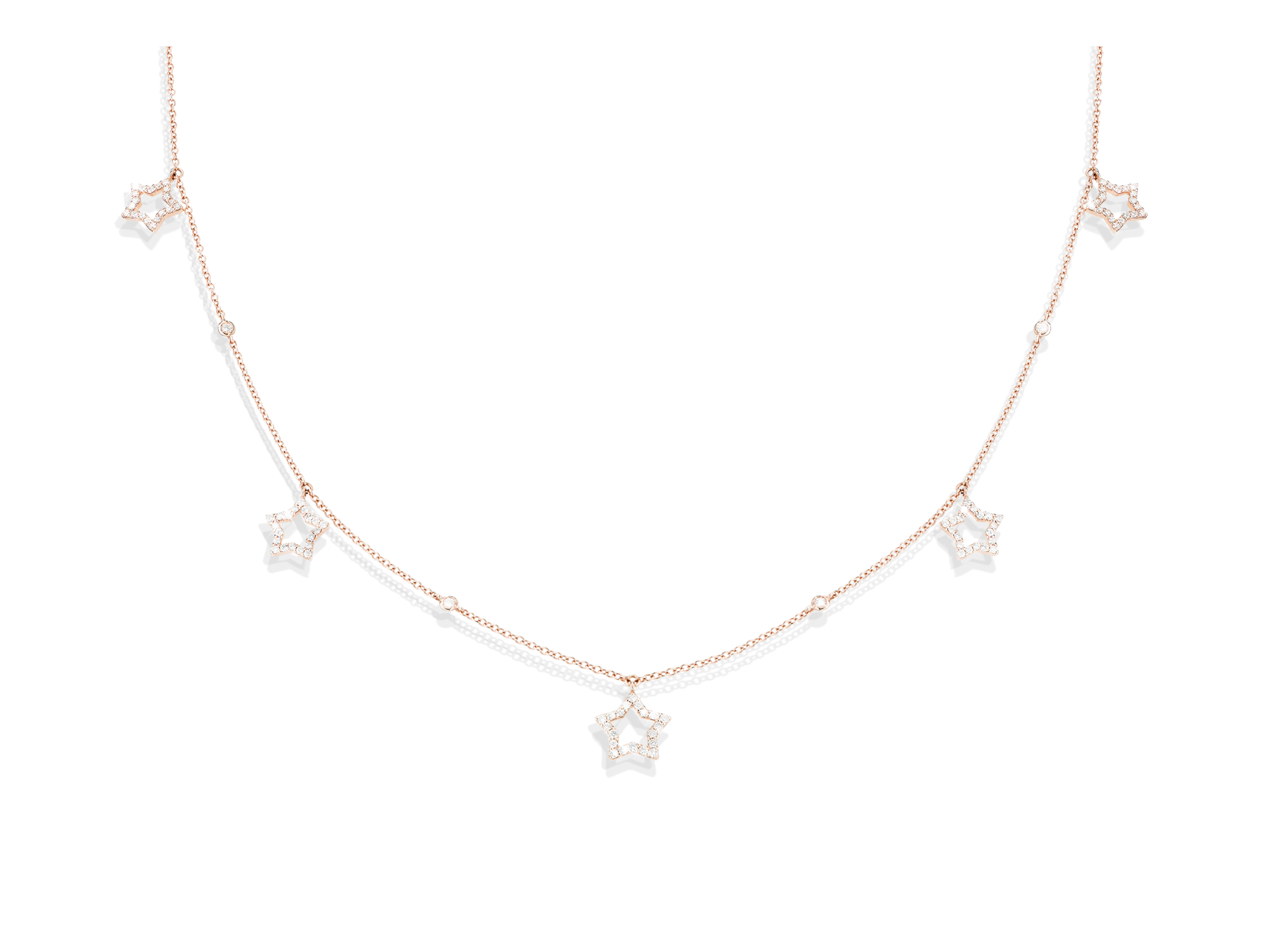 Die STERNEN HALSKETTE von Schullin ist ein zartes Collier aus Roségold mit kleinen sternförmigen Anhängern und winzigen perlenartigen Perlen, die gleichmäßig entlang der Kette verteilt sind und vor einem schlichten weißen Hintergrund stehen.