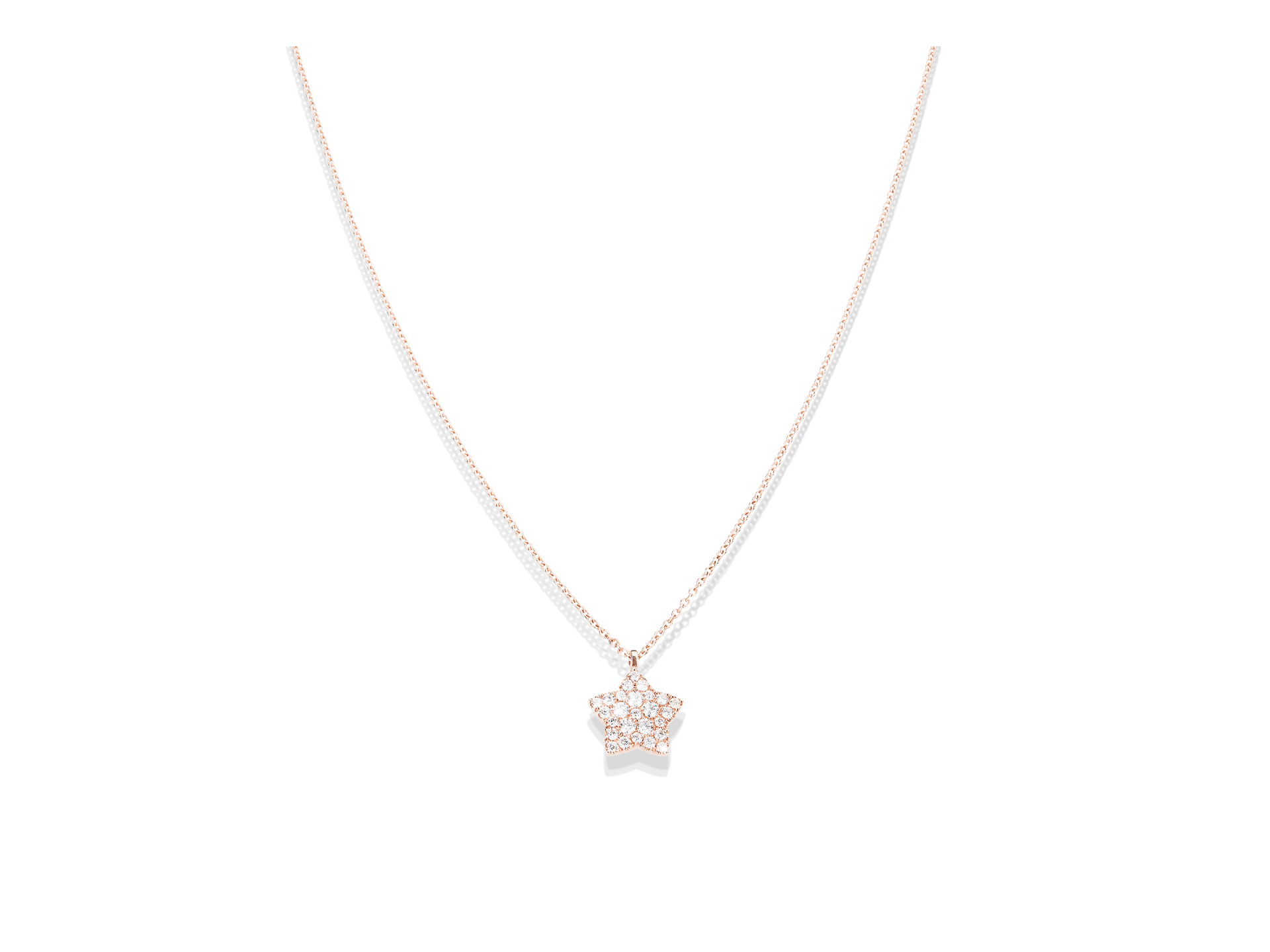 Die STERN HALSKETTE von Schullin ist ein zartes Collier aus Roségold mit einem sternförmigen, mit Edelsteinen besetzten Anhänger, der auf einem schlichten weißen Hintergrund abgebildet ist.