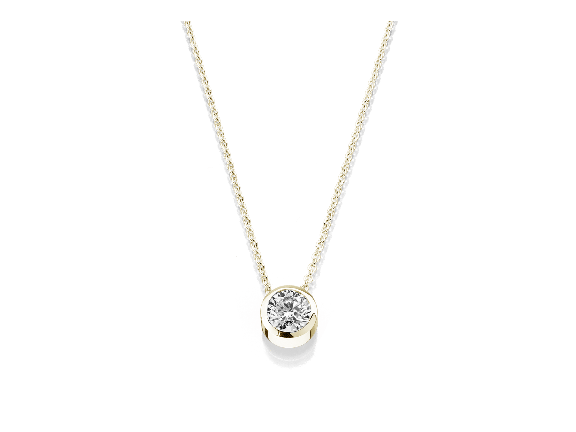 Die Schullin SOLITAIRE HALSKETTE 0,40 CARAT ist eine zarte Goldkette mit einem einzelnen runden Diamanten als Anhänger in einer schlichten goldenen Lünette, die vor einem schlichten weißen Hintergrund steht.