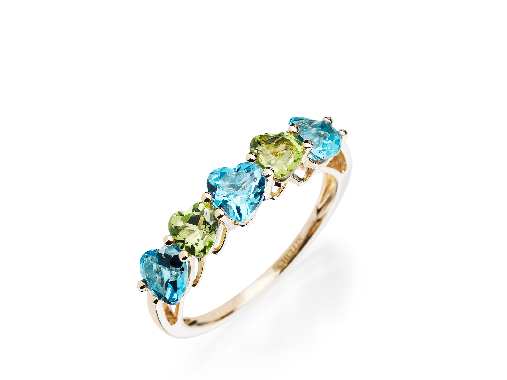 Der HERZ RING MEMORY von Schullin zeigt fünf herzförmige blaue und grüne Edelsteine, die in einer Reihe auf einem Goldband gefasst sind.