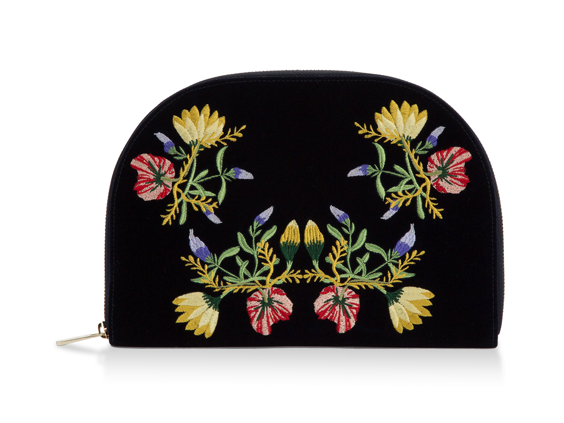 Die SCHMUCKTASCHE von Schullin ist ein schwarzer halbrunder Beutel mit einem goldenen Reißverschluss, der auf der Vorderseite mit einer bunten Blumenstickerei in Gelb, Rot, Grün und Lila verziert ist.