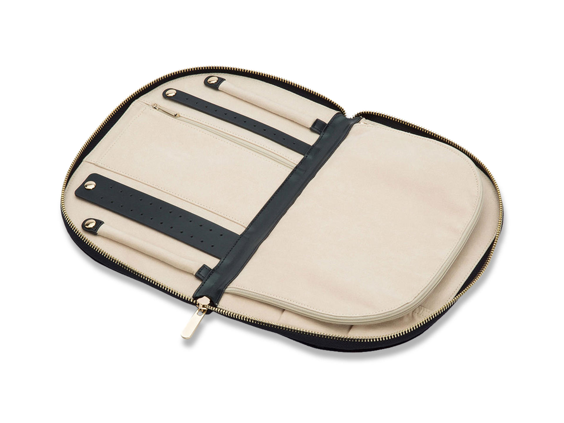 Die SCHMUCKTASCHE von Schullin ist eine beige-schwarze Reißverschlusstasche, die sich flach öffnen lässt und mit Fächern, Riemen und Taschen ausgestattet ist, um Gegenstände wie Uhren oder Accessoires zu organisieren.