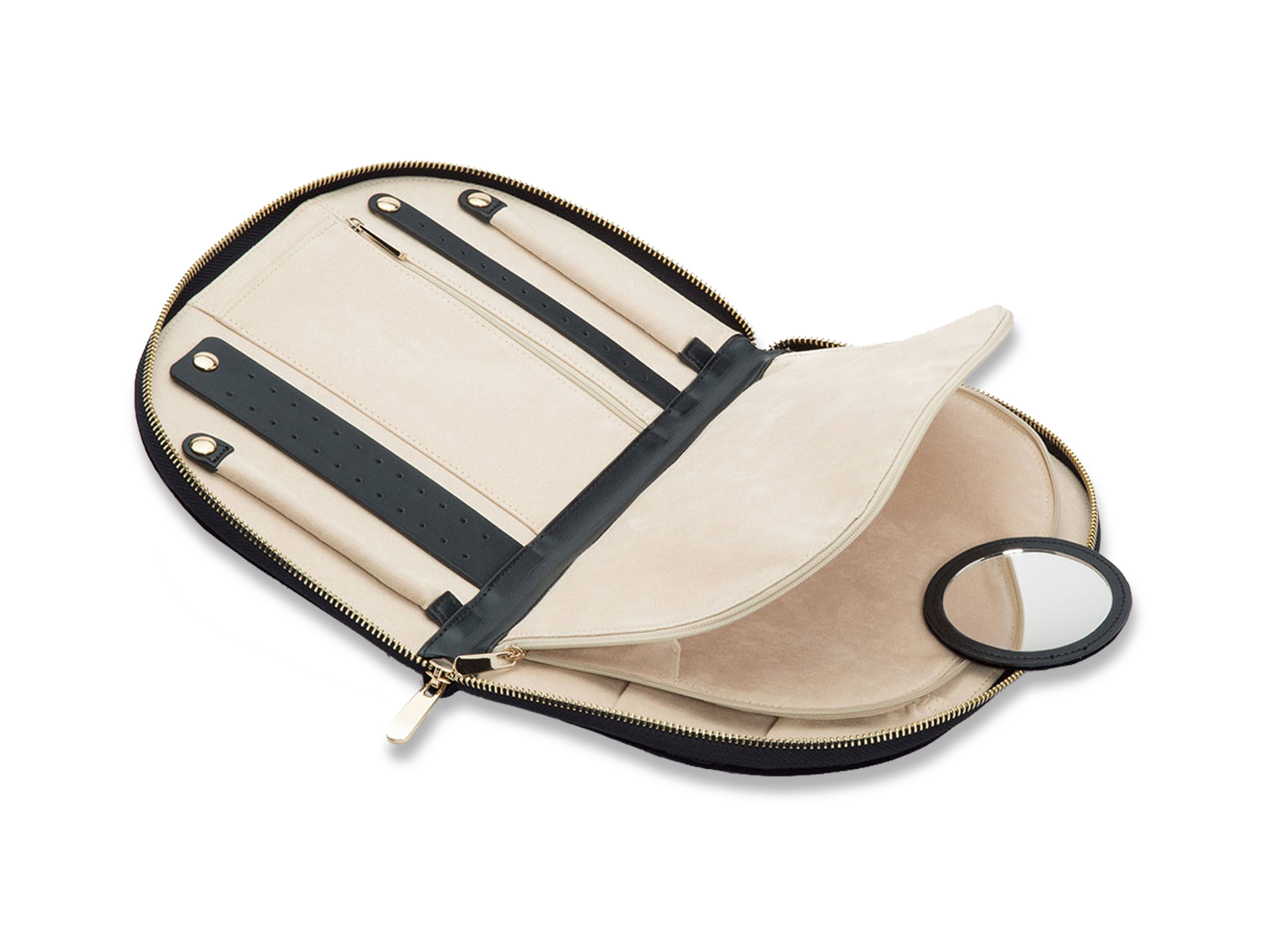 Die SCHMUCKTASCHE von Schullin ist ein offenes, beige-schwarzes Schmuckkästchen mit Reißverschluss, Fächern, Ringschlaufen, Reißverschlusstaschen und einem kleinen runden Spiegel im Inneren.