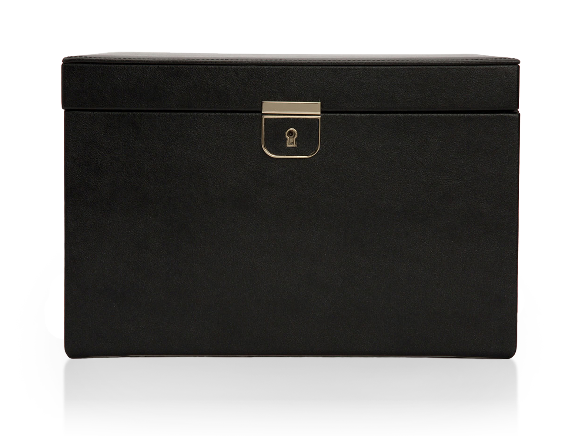 Die SCHMUCKBOX von Schullin ist eine schwarze, rechteckige Aufbewahrungsbox mit Scharnierdeckel und goldfarbenem Schloss auf der Vorderseite, abgebildet auf einem schlichten weißen Hintergrund.