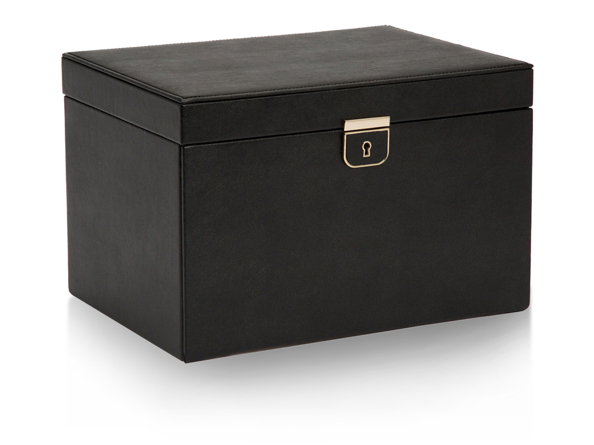 Die Schullin SCHMUCKBOX ist eine geschlossene, rechteckige, schwarze Box mit Scharnierdeckel und goldenem Schloss auf weißem Hintergrund.