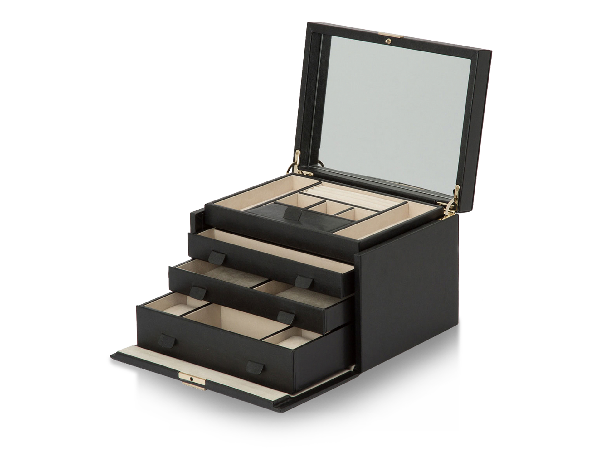 Die SCHMUCKBOX von Schullin ist eine schwarze Schmuckschatulle mit offenem Deckel, eingebautem Spiegel, mehreren Fächern, drei ausziehbaren Schubladen zur geordneten Aufbewahrung und einem hellbeigen, stoffbezogenen Innenraum.