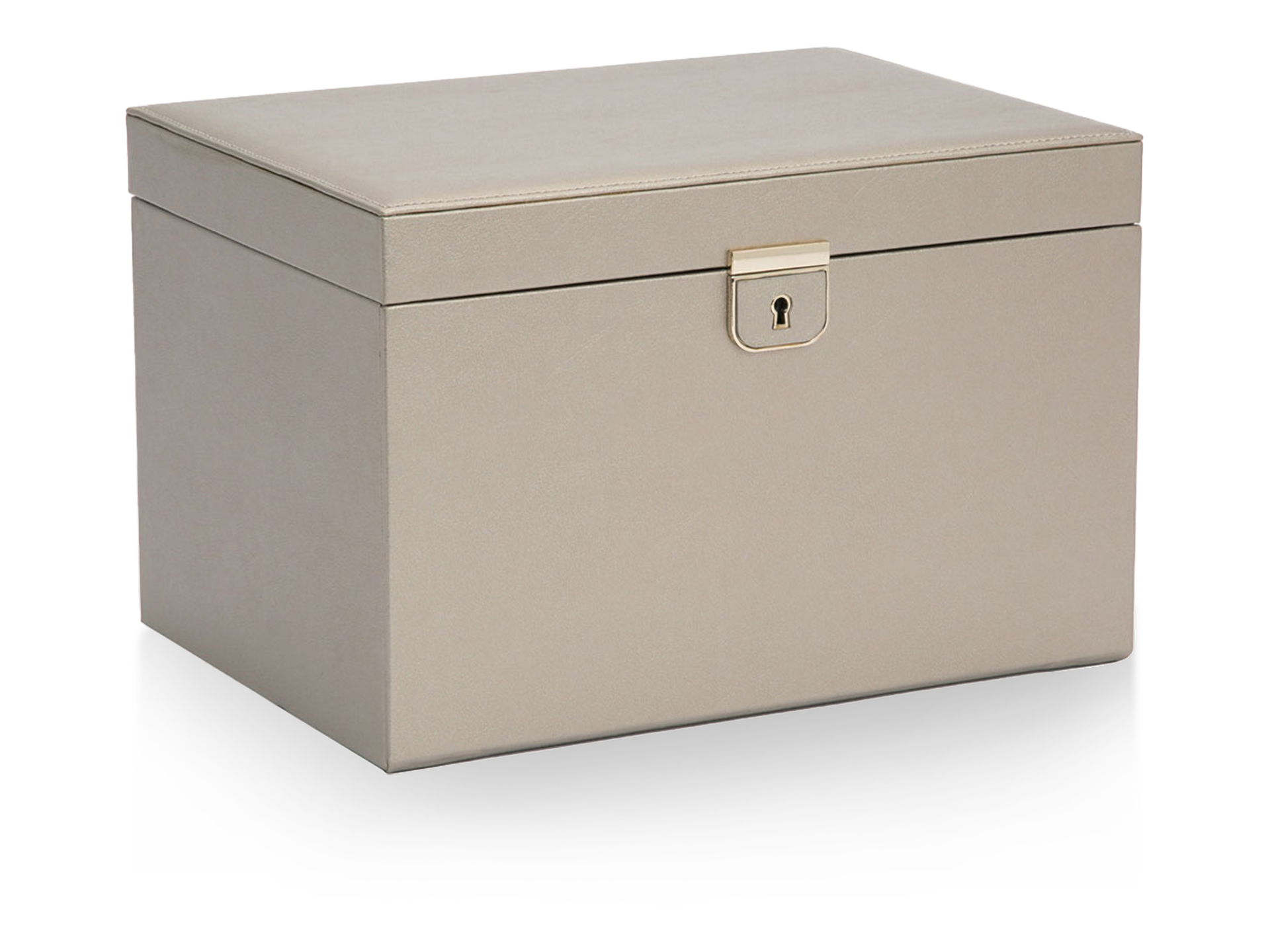 Die SCHMUCKBOX von Schullin ist eine beigefarbene, rechteckige Aufbewahrungsbox mit Scharnierdeckel und goldfarbenem Riegel mit Schlüsselloch auf weißem Grund.