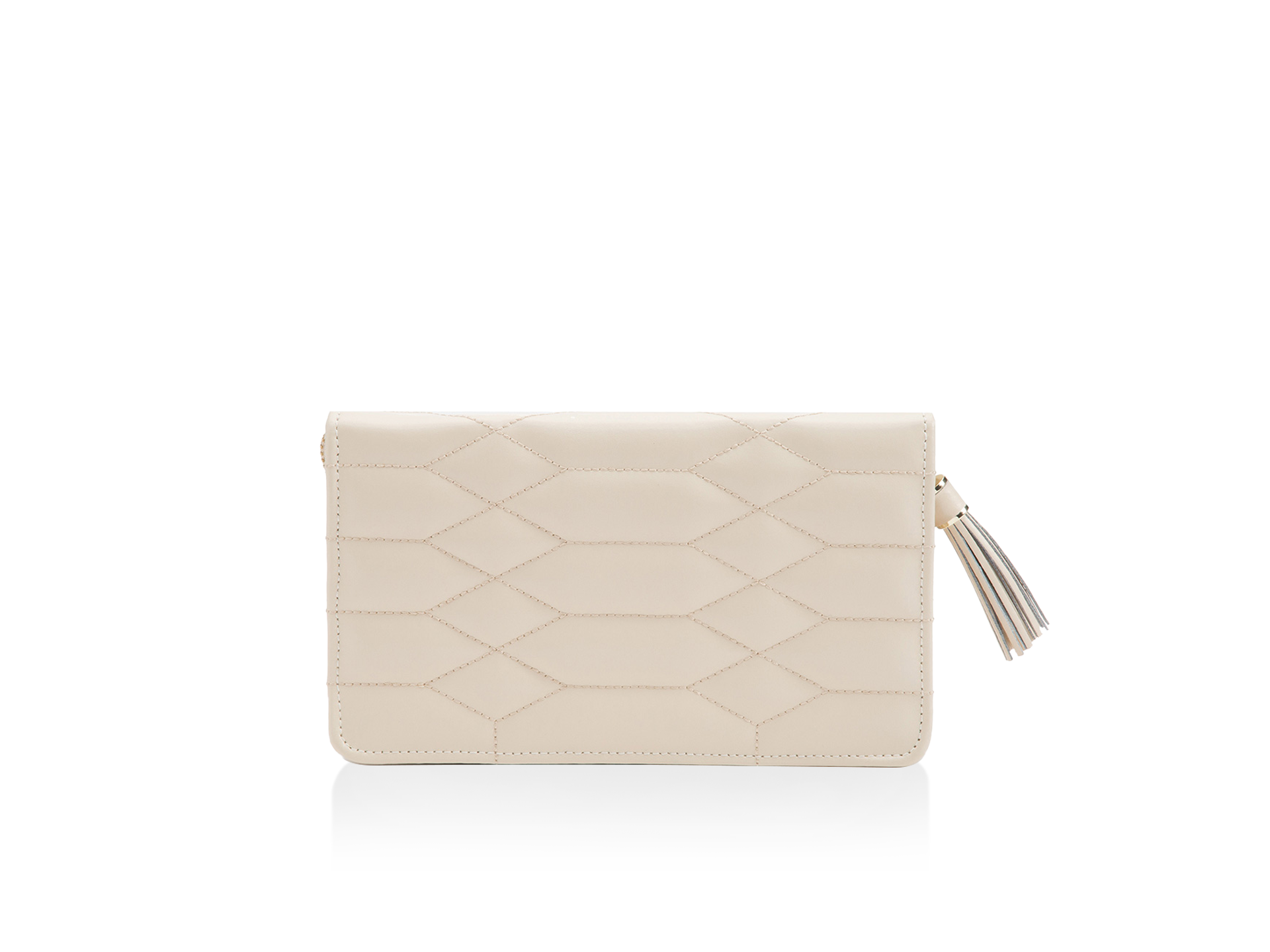 Die SCHMUCKTASCHE von Schullin ist eine rechteckige, cremefarbene Clutch mit geometrischen Steppnähten und einem Reißverschluss auf der rechten Seite, der mit einer passenden Quaste verziert ist, auf weißem Hintergrund.