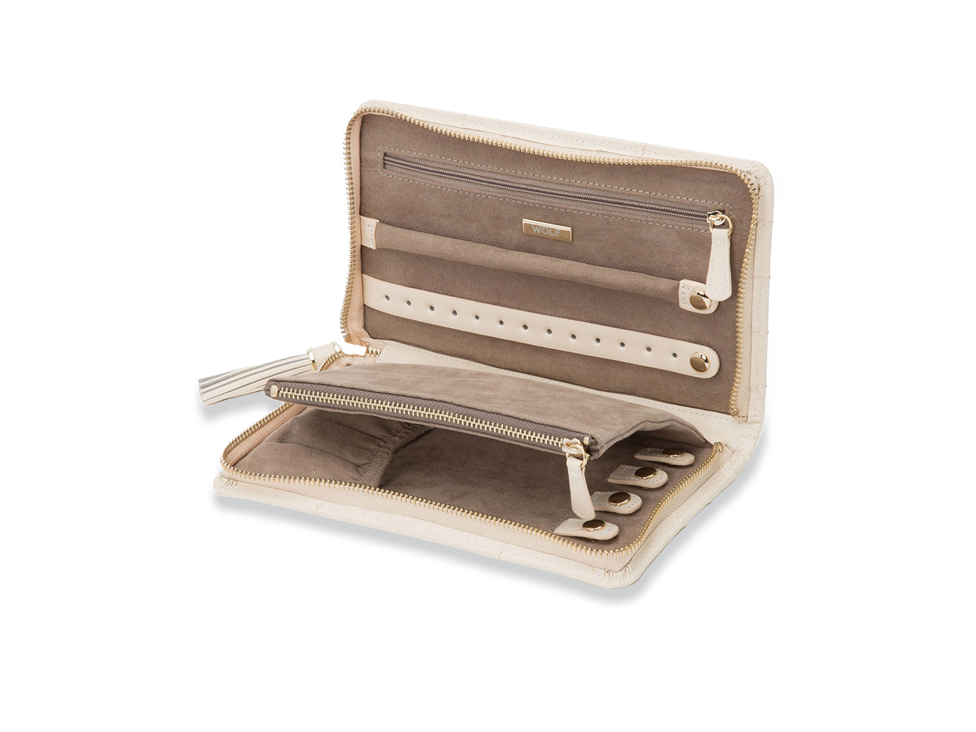 Die SCHMUCKTASCHE von Schullin ist eine beigefarbene Schmuckreisetasche mit Reißverschluss und Fächern für Ringe, Ketten und Accessoires. Sie ist mit einem goldenen Reißverschluss und einem weichen taupefarbenen Innenfutter ausgestattet.