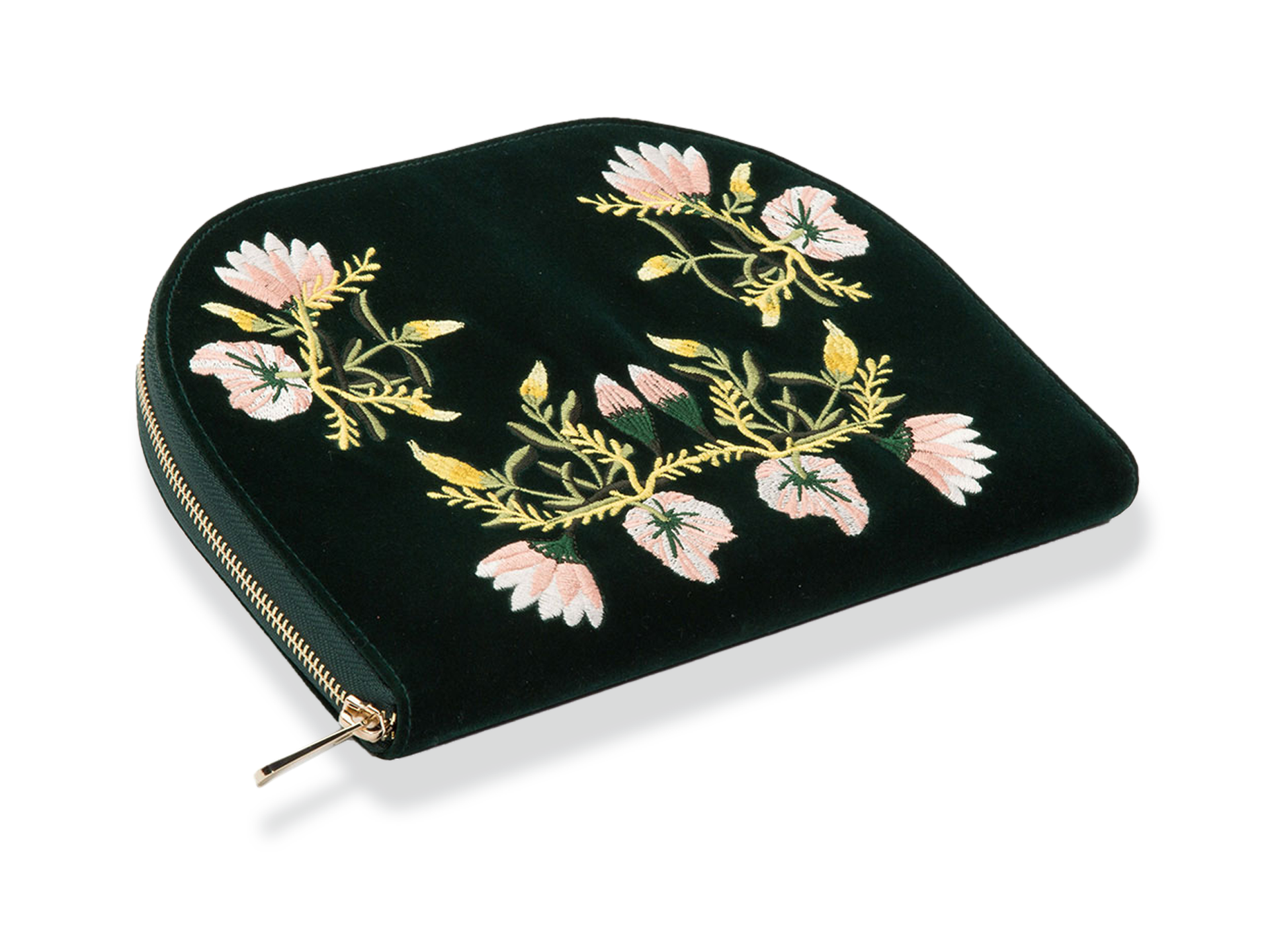 Die SCHMUCKTASCHE von Schullin ist ein schwarzes Samttäschchen mit goldenem Reißverschluss, auf dem rosa und weiße Blumen und grüne Blätter auf weißem Hintergrund gestickt sind.