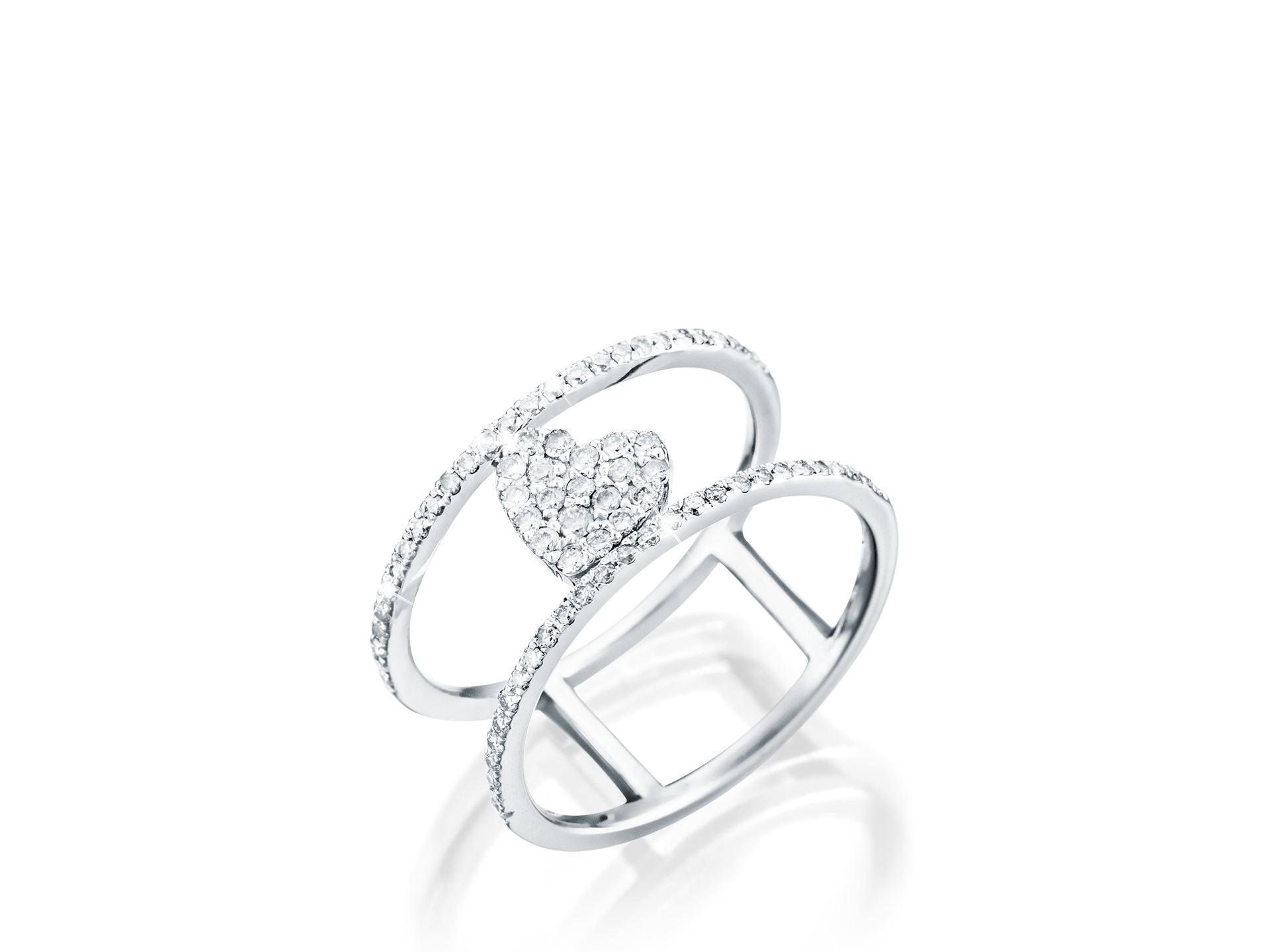 Der DIAMANT RING HEART von Schullin ist ein atemberaubender silberner herzförmiger Ring mit Doppelbanddesign. Die aus Weißgold gefertigten Bänder sind mit funkelnden Diamanten verziert und sorgen für einen eleganten und auffälligen Look.