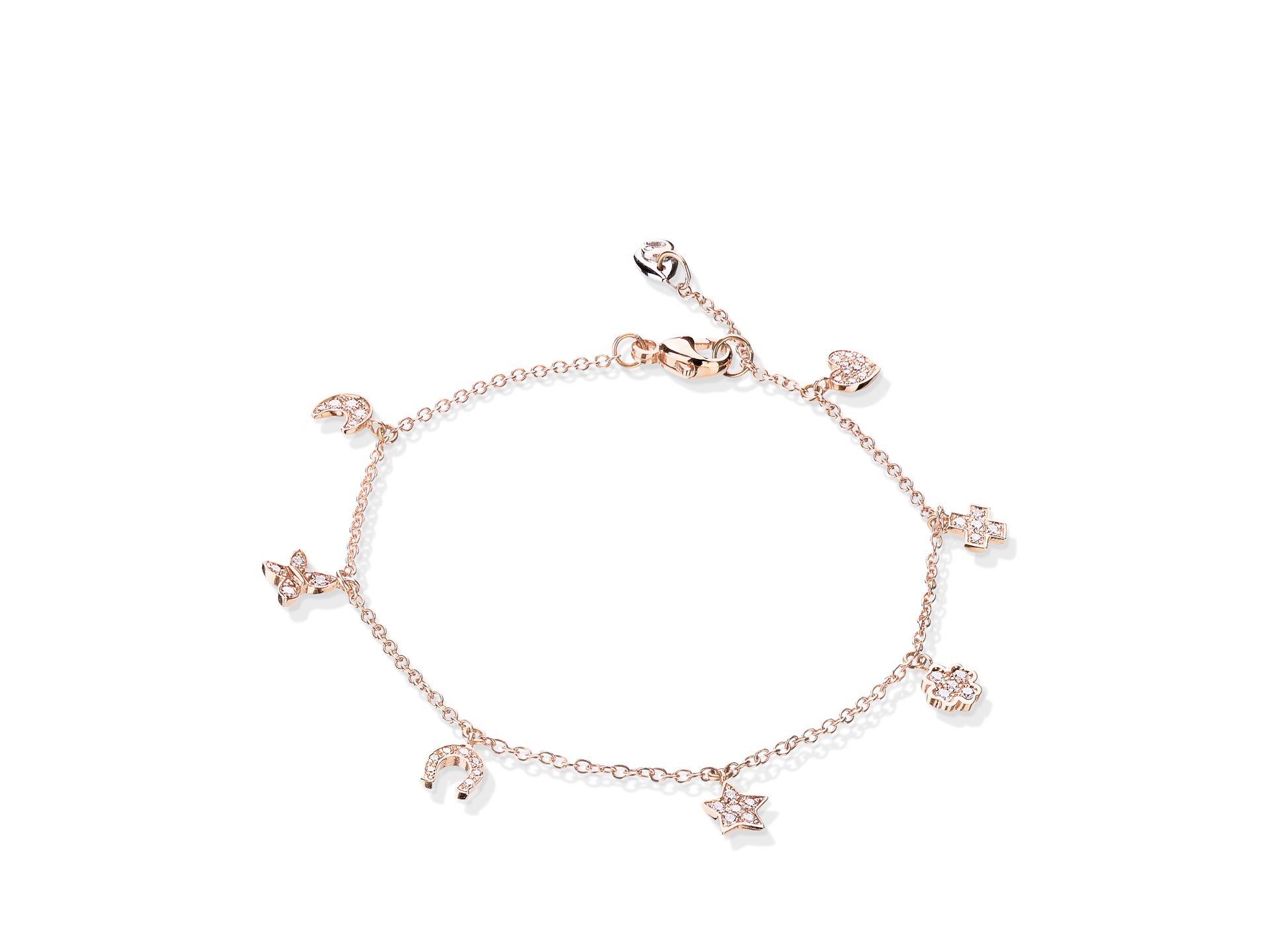 Das CHARM ARMBAND von Schullin ist ein zartes Armband aus Roségold, das mit mehreren diamantbesetzten Anhängern verziert ist, darunter ein Hufeisen, ein Stern, ein Kleeblatt und ein Herz – wahrlich ein zeitloses Geschenk.