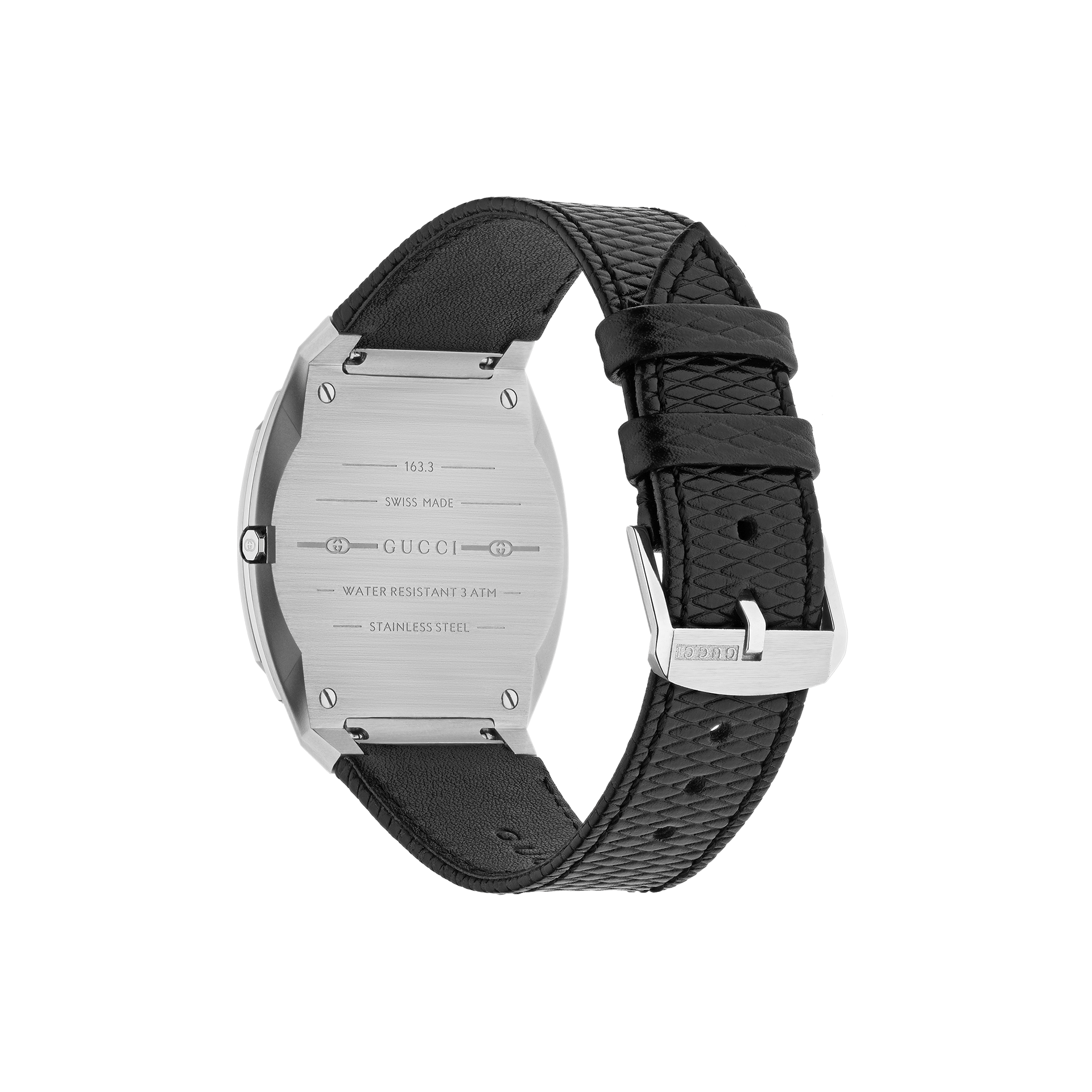 Das Bild zeigt die Rückseite einer GUCCI 25H-Armbanduhr von Schullin mit schwarzem Lederarmband. Das elegante Edelstahlgehäuse zeigt eingravierte Details wie „Swiss Made“ und „Water Resistant“, und das Uhrenarmband wird durch eine elegante silberne Schnalle ergänzt.
