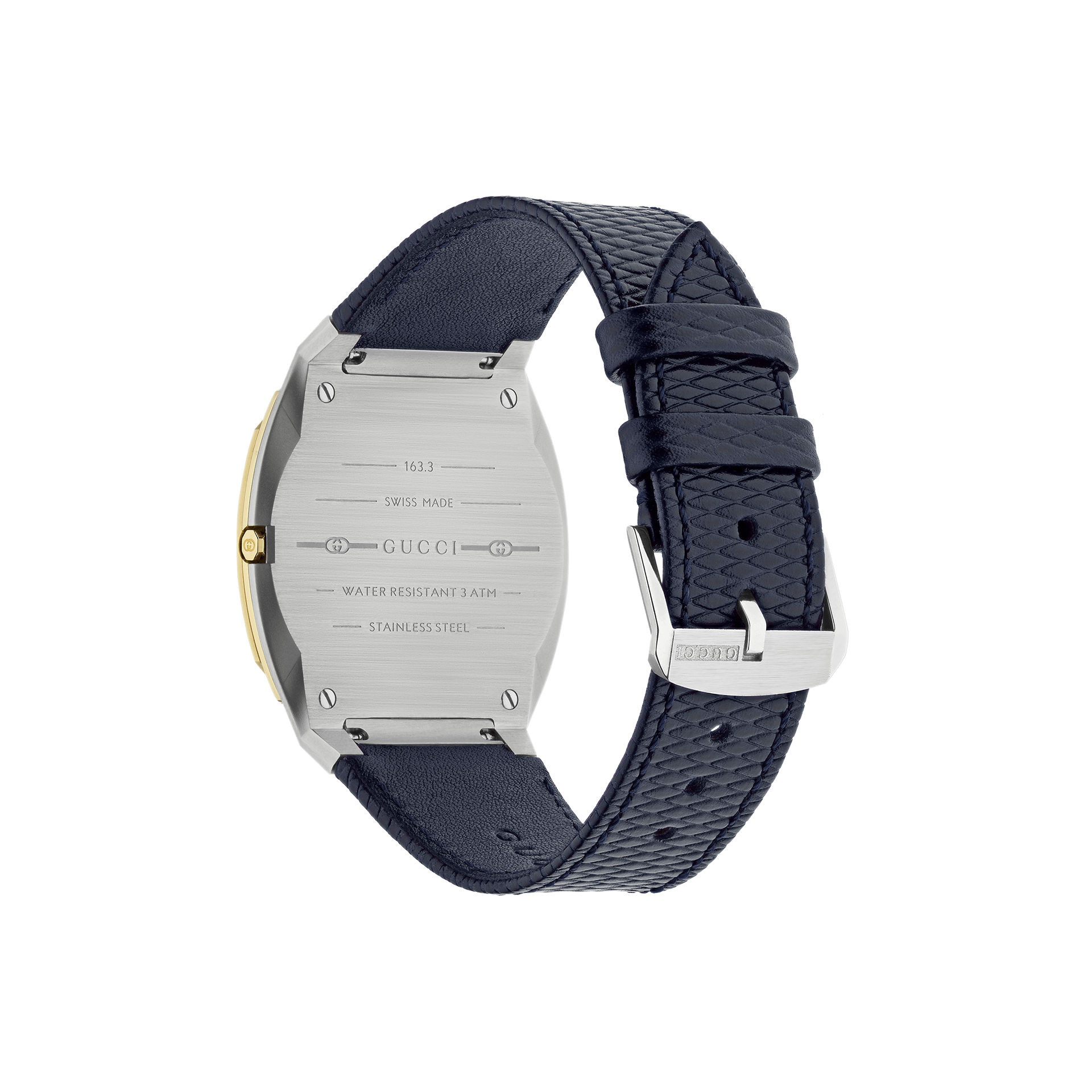 Das Bild zeigt eine GUCCI 25H-Uhr von Schullin mit einem blauen Lederarmband und einer Metallschließe. Auf der silbernen Gehäuserückseite sind Angaben zur Wasserfestigkeit, zur Schweizer Tradition und zur Edelstahlkonstruktion eingraviert, die Eleganz mit der Präzision eines Quarzwerks verbindet.