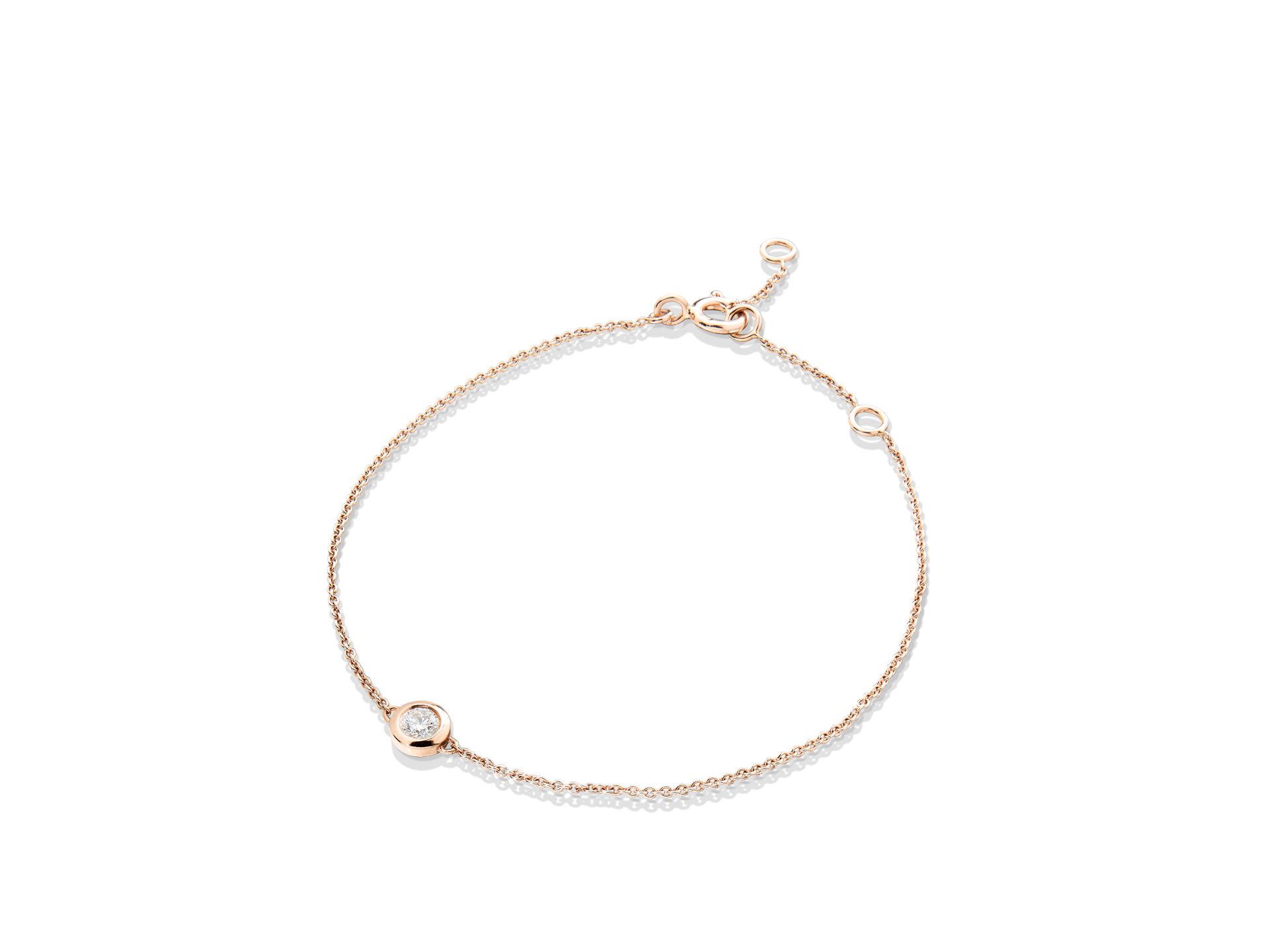 Ein zartes BRILLANTARMBAND aus 18 Karat Roségold mit einem kleinen, runden Diamantakzent wird vor einem schlichten weißen Hintergrund präsentiert. Seine feinen Glieder und das schlichte Design von Schullin verleihen ihm ein elegantes Aussehen.