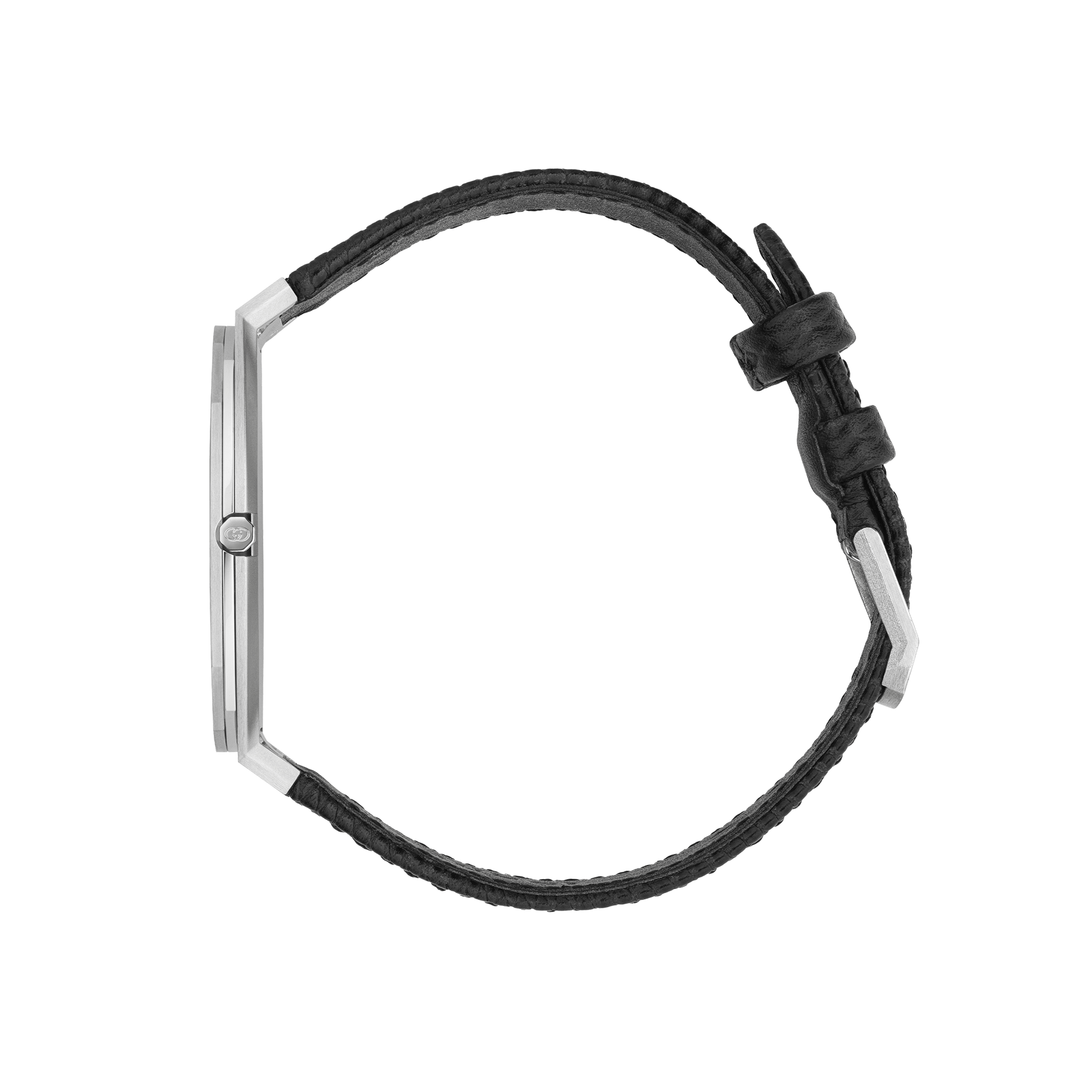 Eine Seitenansicht einer stilvollen Armbanduhr mit einem dünnen, rechteckigen Edelstahlgehäuse, einem schwarzen Zifferblatt und einem Armband aus schwarzem Leder. Die Schullin GUCCI 25H wird horizontal angezeigt, was ihr minimalistisches und elegantes Design hervorhebt.