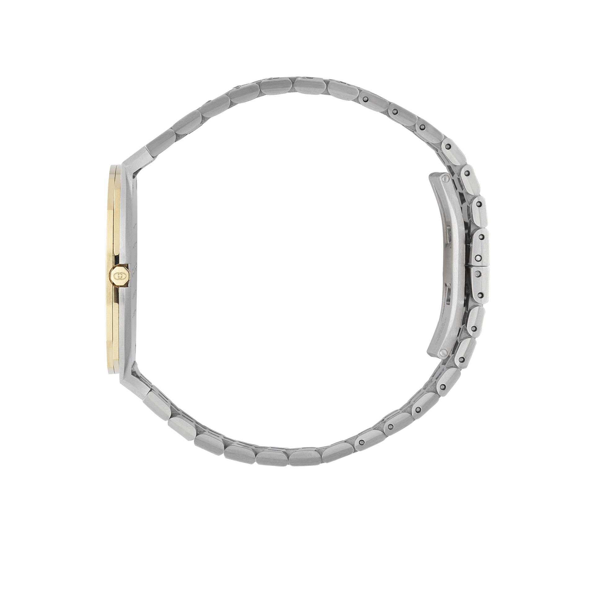 Seitenansicht der eleganten GUCCI 25H Armbanduhr von Schullin aus Metall mit schlankem Profil. Das silberne Edelstahlarmband wird durch einen goldfarbenen Rand auf dem Zifferblatt ergänzt, der ein elegantes und minimalistisches Design vor schwarzem Hintergrund hervorhebt.