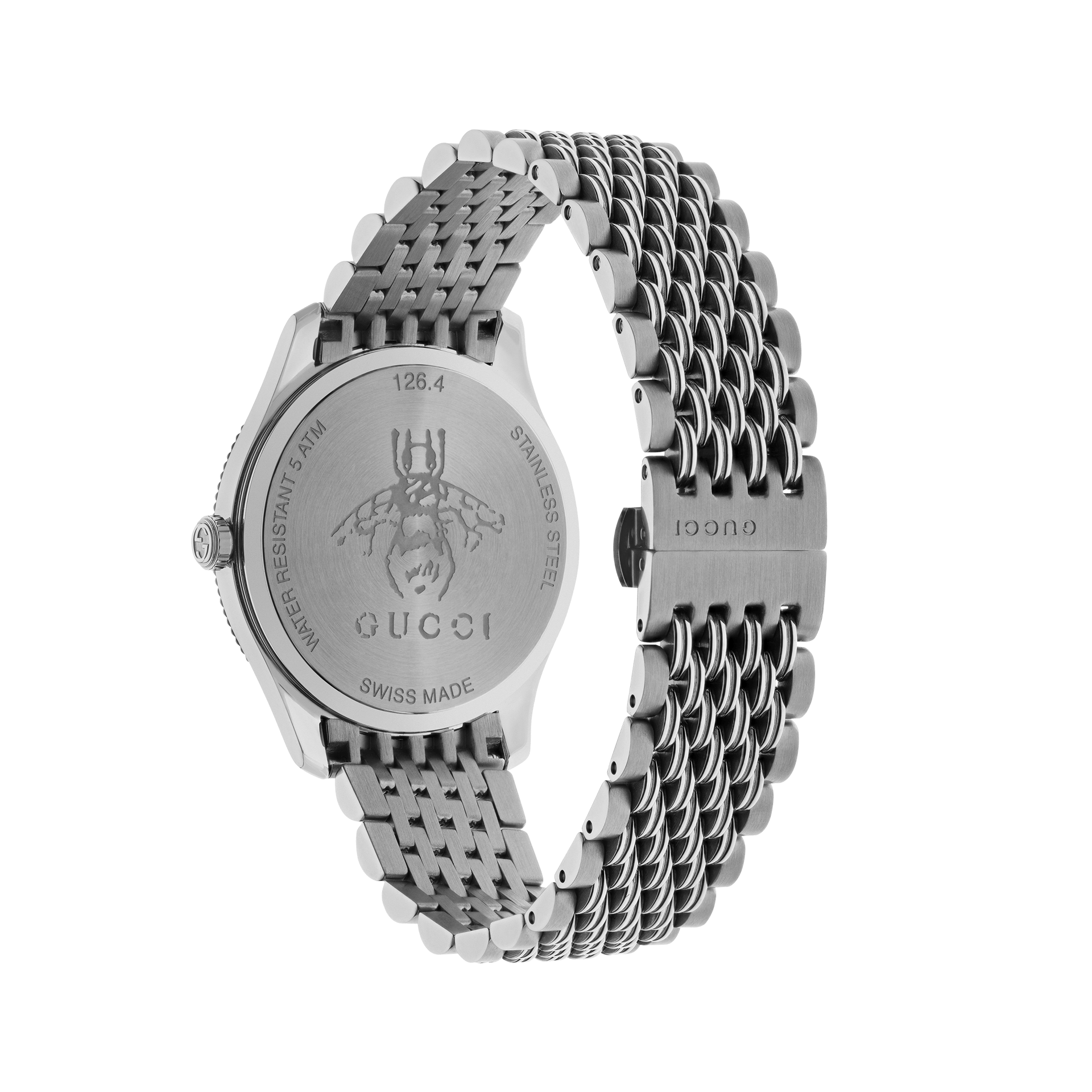 Das Bild zeigt die Rückseite einer silbernen Schullin GUCCI G-TIMELESS-Uhr mit Edelstahlarmband. Die Uhr ist auf der Rückseite mit einer Bienengravur versehen, die an den Sekundenzeiger mit Bienenmotiv erinnert. Sie ist wasserdicht bis 5 ATM und zeichnet sich durch Schweizer Handwerkskunst aus.