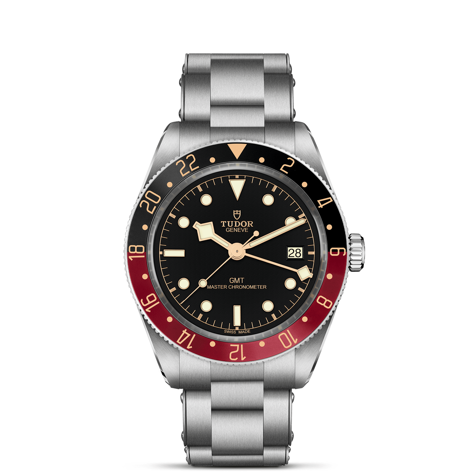 Die Schullin TUDOR BLACK BAY 58 GMT verfügt über ein Edelstahlgehäuse, ein schwarzes Zifferblatt, eine rot-schwarze Lünette, silberne Indexe, ein Datumsfenster bei 3 Uhr und ein Metallarmband, das auf einem schlichten weißen Hintergrund abgebildet ist.