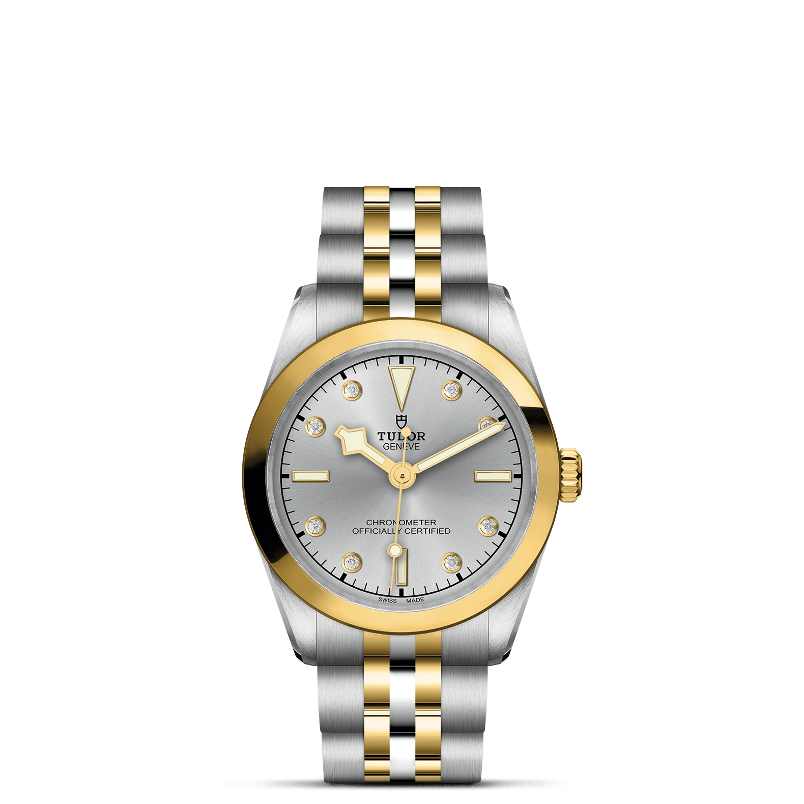 Die TUDOR BLACK BAY ONE 31 S&G von Schullin verfügt über ein zweifarbiges silbernes und goldenes Metallband, ein silbernes Zifferblatt mit goldenen Akzenten, diamantene Indexe, drei Zeiger und eine Krone auf der rechten Seite für einen luxuriösen Touch.