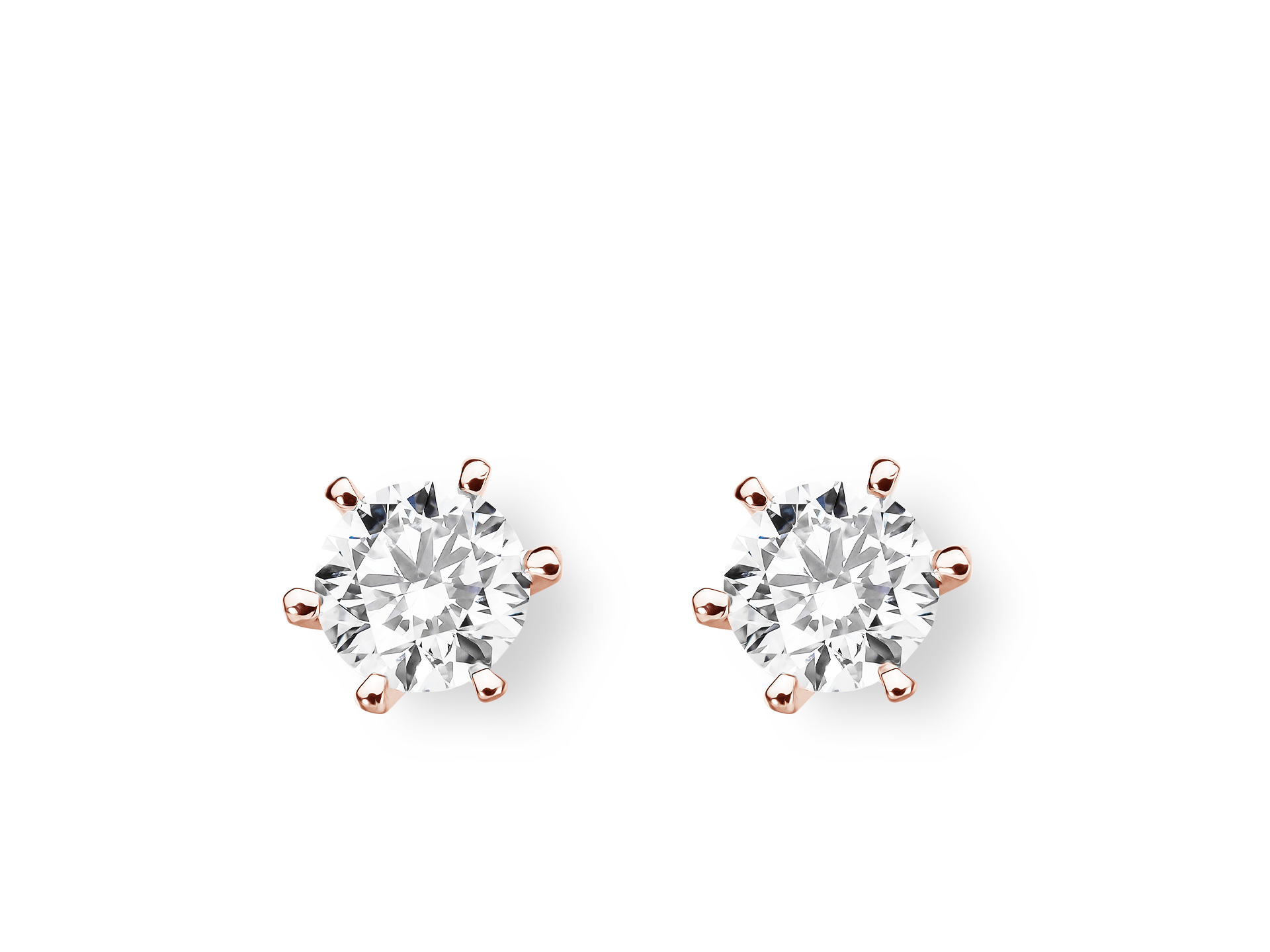Die Ohrringe SOLITAIRE OHRSTECKER 0,91 CARAT von Schullin sind mit Diamanten besetzt, die von je sechs roségoldenen Zacken gehalten werden und auf einem schlichten weißen Hintergrund stehen.