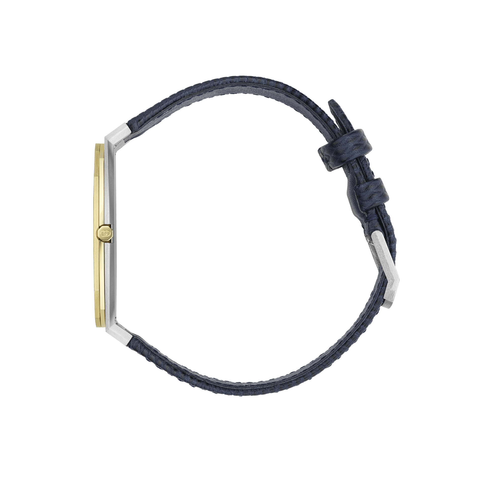 Eine Seitenansicht der schicken Schullin GUCCI 25H Armbanduhr hebt ihr stromlinienförmiges Design hervor, komplett mit einer schmalen goldenen Lünette und einem blauen Lederarmband. Die Uhr besticht durch ein minimalistisches Erscheinungsbild mit einer zierlichen Krone und einem präzisen Quarzwerk. Ihr dezent strukturiertes Armband ist elegant mit einer Metallschnalle befestigt.