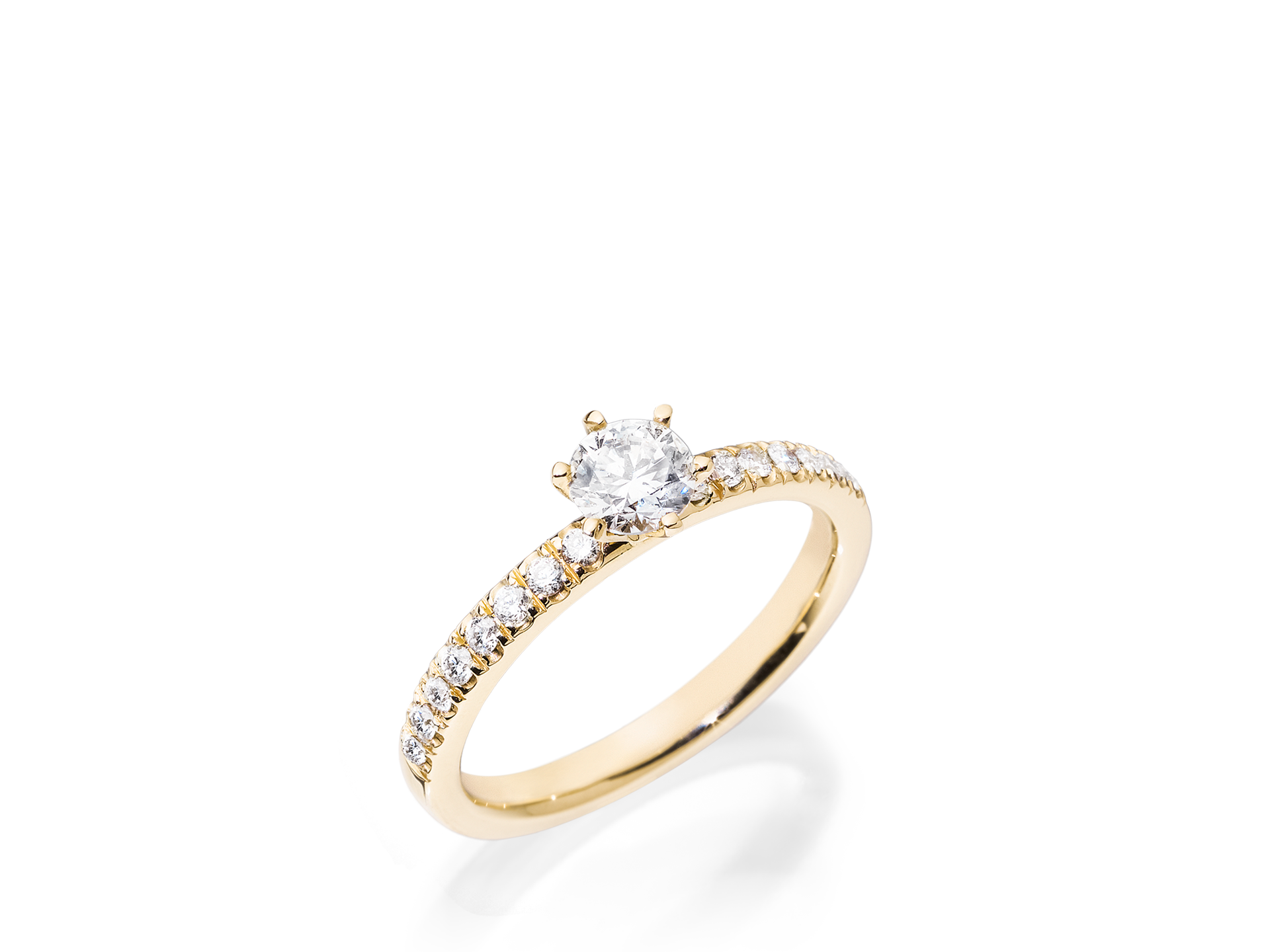 Ein Schullin RING GRACE-Verlobungsring aus Gelbgold mit einem zentralen 0,46-Karat-Solitär-Diamanten und kleineren Diamanten entlang des Rings.