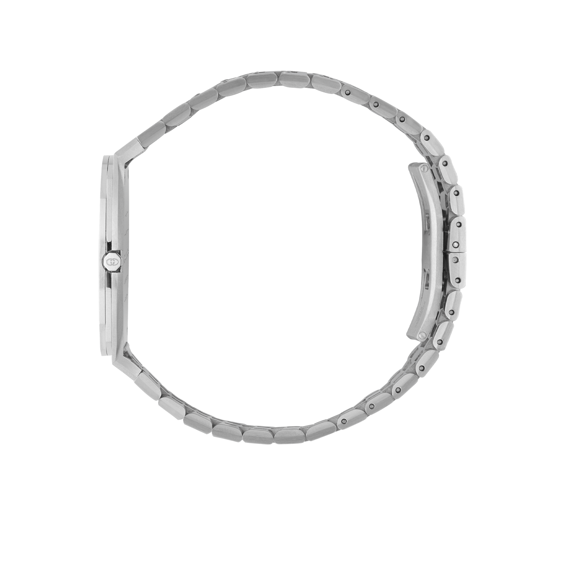 Seitenansicht einer eleganten, silbernen Armbanduhr von Schullin mit Quarzwerk und Edelstahlgehäuse. Das Metallgliederband und das dünne Profil der GUCCI 25H werden elegant zur Schau gestellt, wobei Verschluss und Krone das minimalistische Design hervorheben.