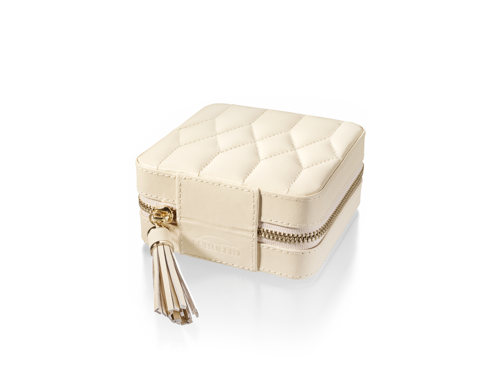 Dieses Bild zeigt das SCHMUCKETUI, ein kleines gestepptes Ledertäschchen in Creme von Schullin. Es ist zur Aufbewahrung von Schmuck konzipiert, hat einen Reißverschluss mit einer eleganten Quaste und ist auf einem schlichten Hintergrund abgebildet.