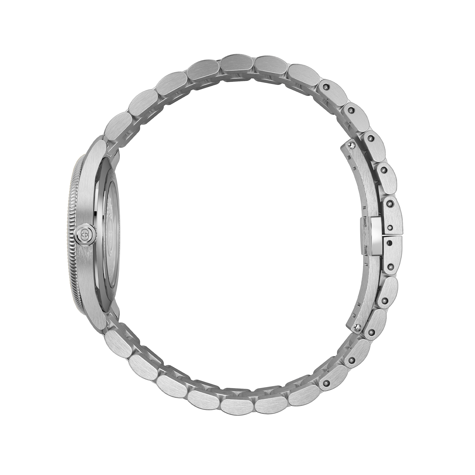 Eine silberne Schullin G-TIMELESS Armbanduhr, ausgestattet mit einem eleganten Automatikwerk, wird von der Seite vor einem schwarzen Hintergrund betrachtet. Das runde Uhrengehäuse und das Gliederarmband sind deutlich zu sehen, während das Zifferblatt verborgen bleibt.