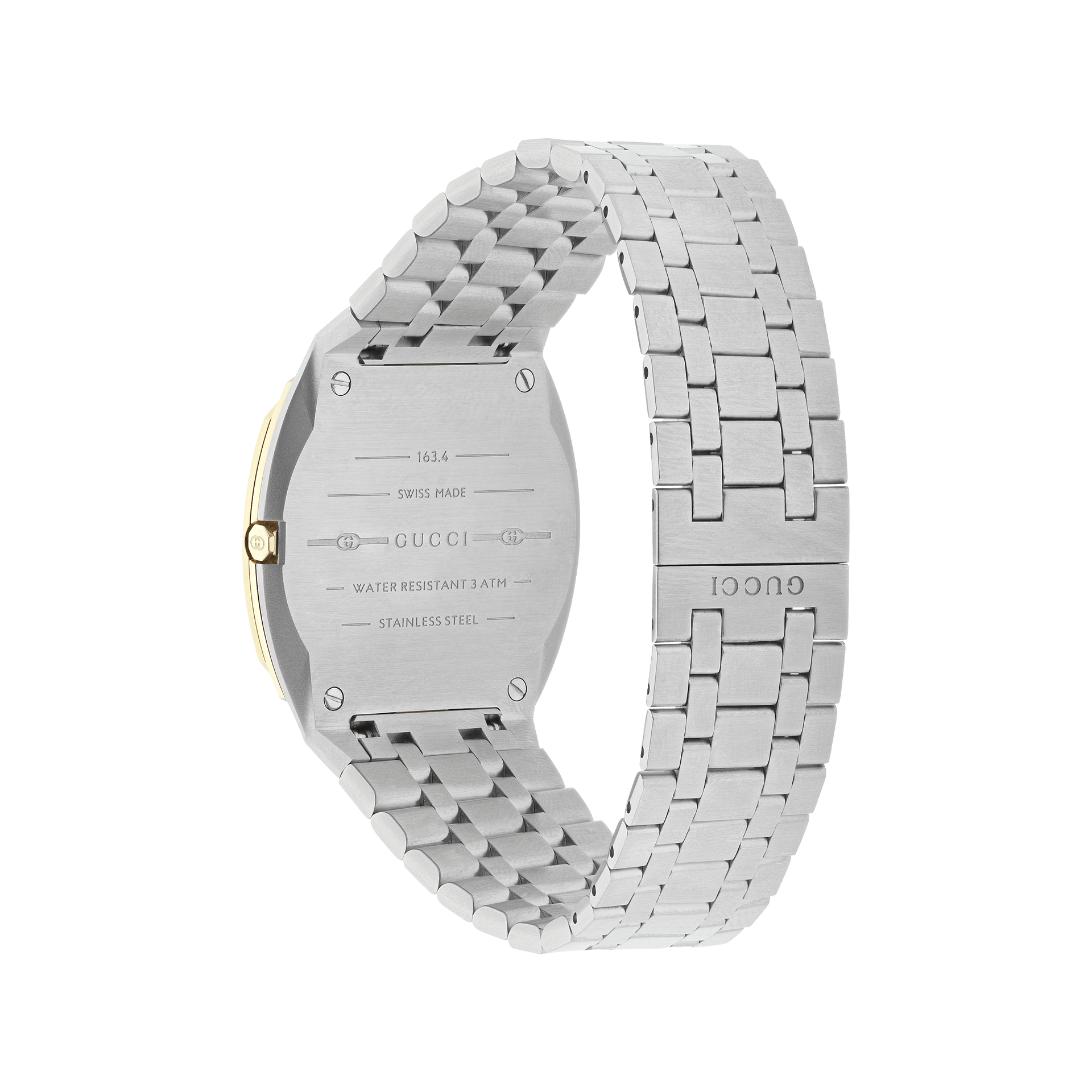 Ausgestellt wird eine GUCCI 25H Uhr von Schullin, in einem silbernen Edelstahldesign mit Edelstahlarmband. Der Fokus liegt auf der Rückplatte, auf der die Gravuren „Swiss Made“ und „Water Resistant 3 ATM“ prominent zur Geltung kommen.