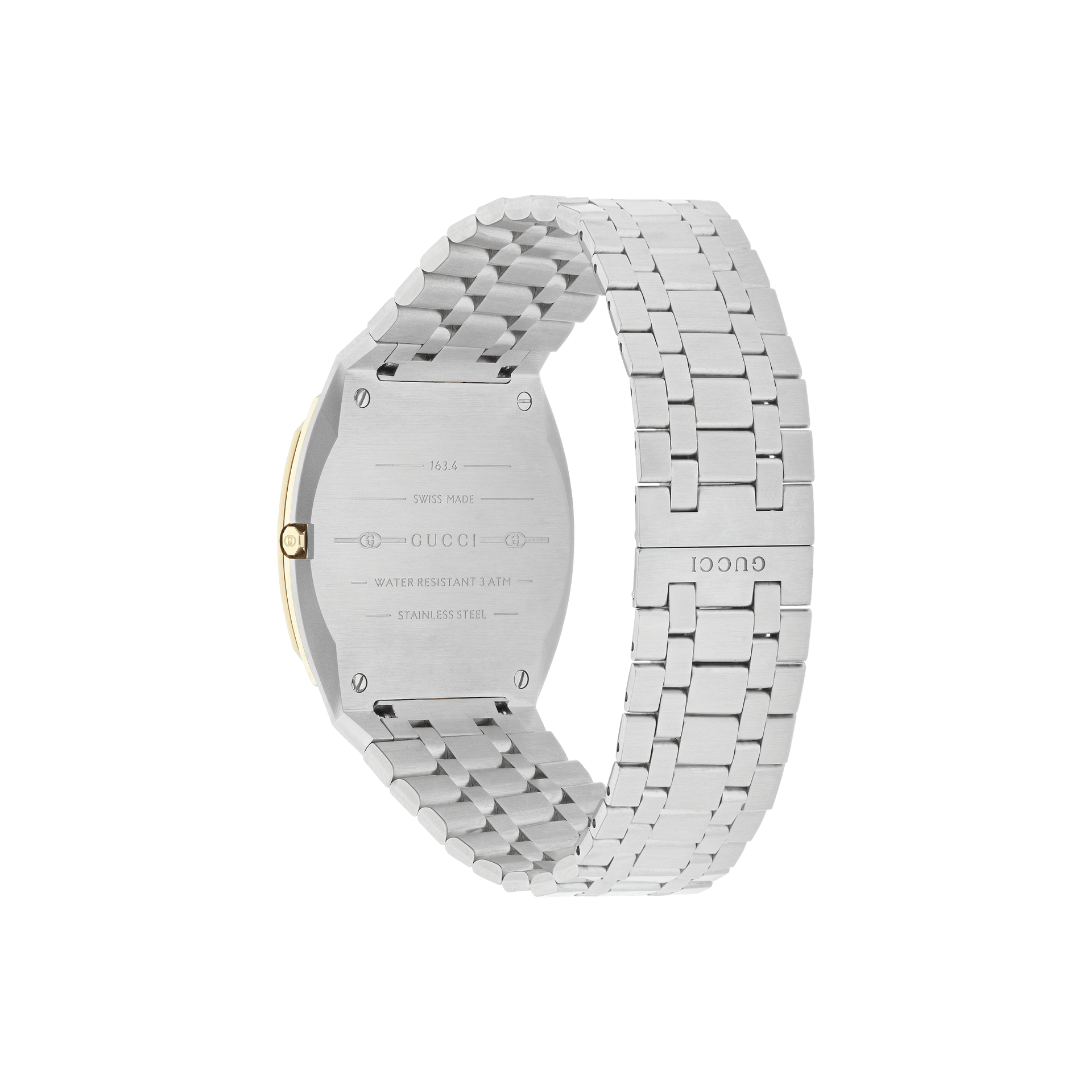Elegante Armbanduhr mit silbernem Metallarmband auf schwarzem Hintergrund. Die Rückseite des Zifferblatts der Schullin GUCCI 25H zeigt in das Metall eingravierte Textdetails, die ihre exquisite Handwerkskunst zur Schau stellen.
