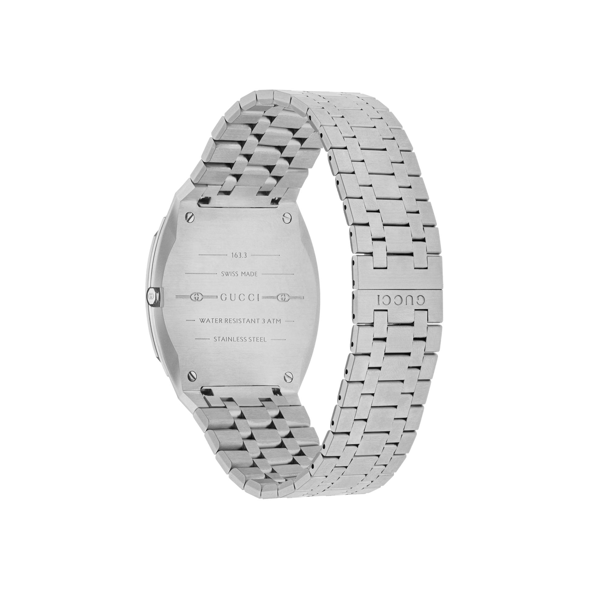 Eine silberne Armbanduhr aus Edelstahl mit einem detailliert gewebten Muster auf dem Armband zeigt ihre Rückseite mit der deutlich sichtbaren Gravur „GUCCI 25H“. Das Zifferblatt ist verborgen und verleiht diesem großartigen Accessoire von Schullin eine Aura des Geheimnisvollen und der Raffinesse.