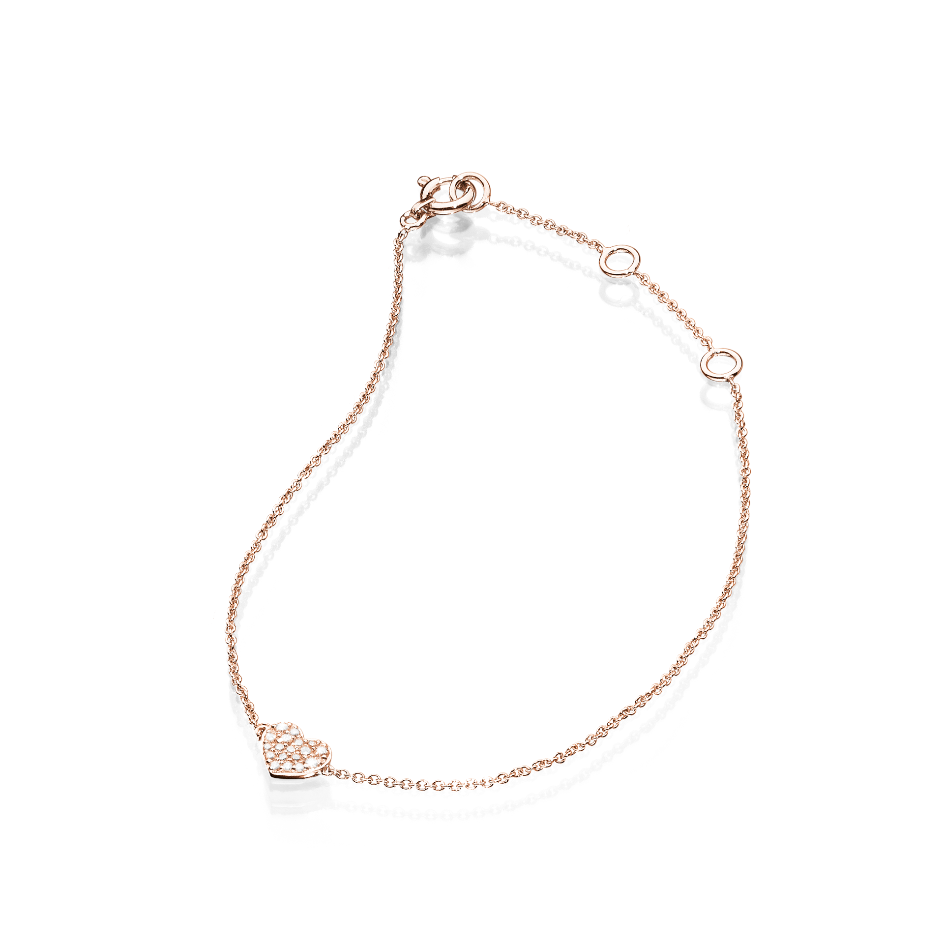 Das HERZ ARMBAND von Schullin ist ein zartes Armband aus 18 Karat Roségold mit einer dünnen Kette, die mit drei kleinen runden Anhängern geschmückt ist, die gleichmäßig über die gesamte Länge verteilt sind. Es schließt elegant an einem Ende und bildet eine sanft geformte Schleife.