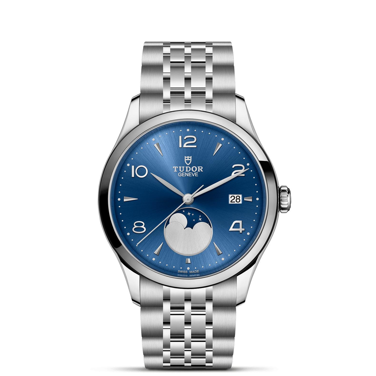 Die Schullin TUDOR 1926 LUNA Armbanduhr hat ein silbernes Gehäuse, ein blaues Zifferblatt, silberne Indexe, eine Datumsanzeige bei 3 Uhr und eine Mondphase bei 6 Uhr auf weißem Hintergrund.