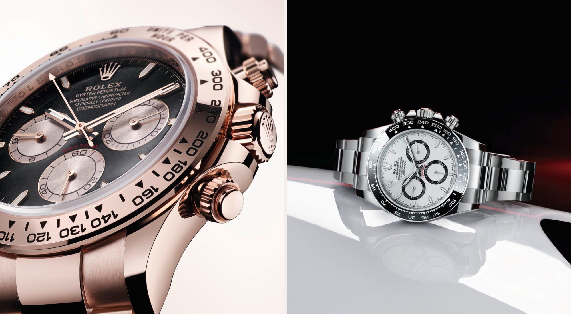 Es werden zwei Rolex-Uhren gezeigt. Die linke hat ein dunkles Zifferblatt mit silbernen Hilfszifferblättern und ein Metallarmband. Die rechte Uhr hat ein weißes Zifferblatt mit schwarzen Hilfszifferblättern, ebenfalls an einem Metallarmband, das auf einer reflektierenden Oberfläche angezeigt wird.