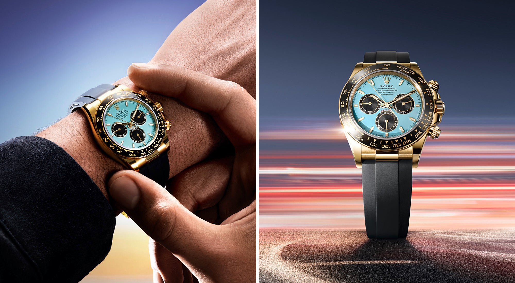 Eine goldene Armbanduhr mit blauem Zifferblatt und schwarzem Armband wird links am Handgelenk einer Person getragen; rechts ist dieselbe Uhr in Nahaufnahme vor einem unscharfen, dynamischen Hintergrund zu sehen.