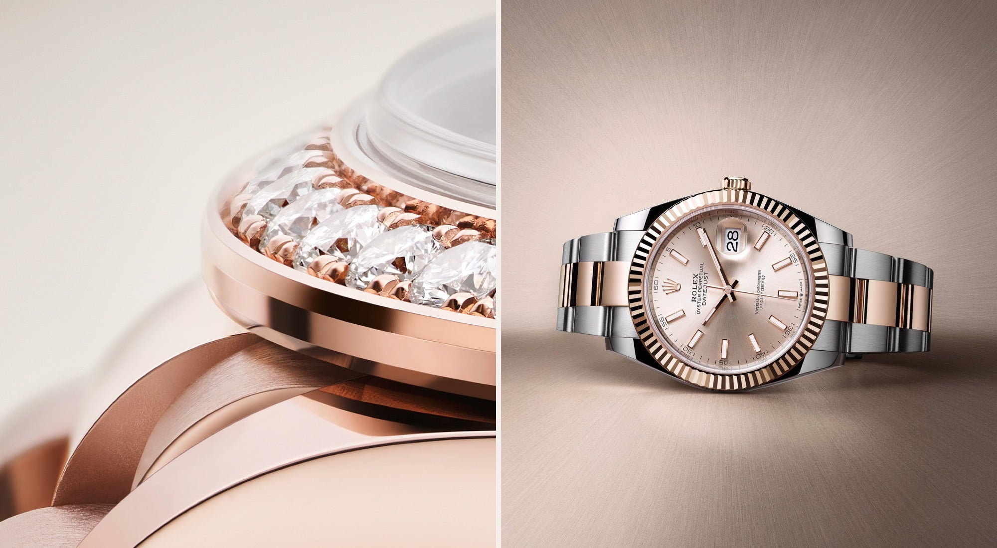 Links eine Nahaufnahme einer mit Diamanten verzierten Uhrlünette. Rechts eine zweifarbige Luxusarmbanduhr mit rosa Zifferblatt und Datumsfenster sowie einem Armband aus Silber und Roségold.